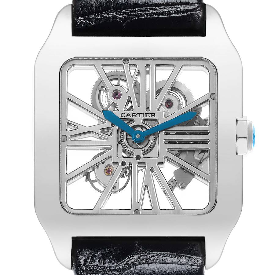 The Cartier Santos Dumont watch is shown from a frontal angle, highlighting its skeleton dial and blue hands.