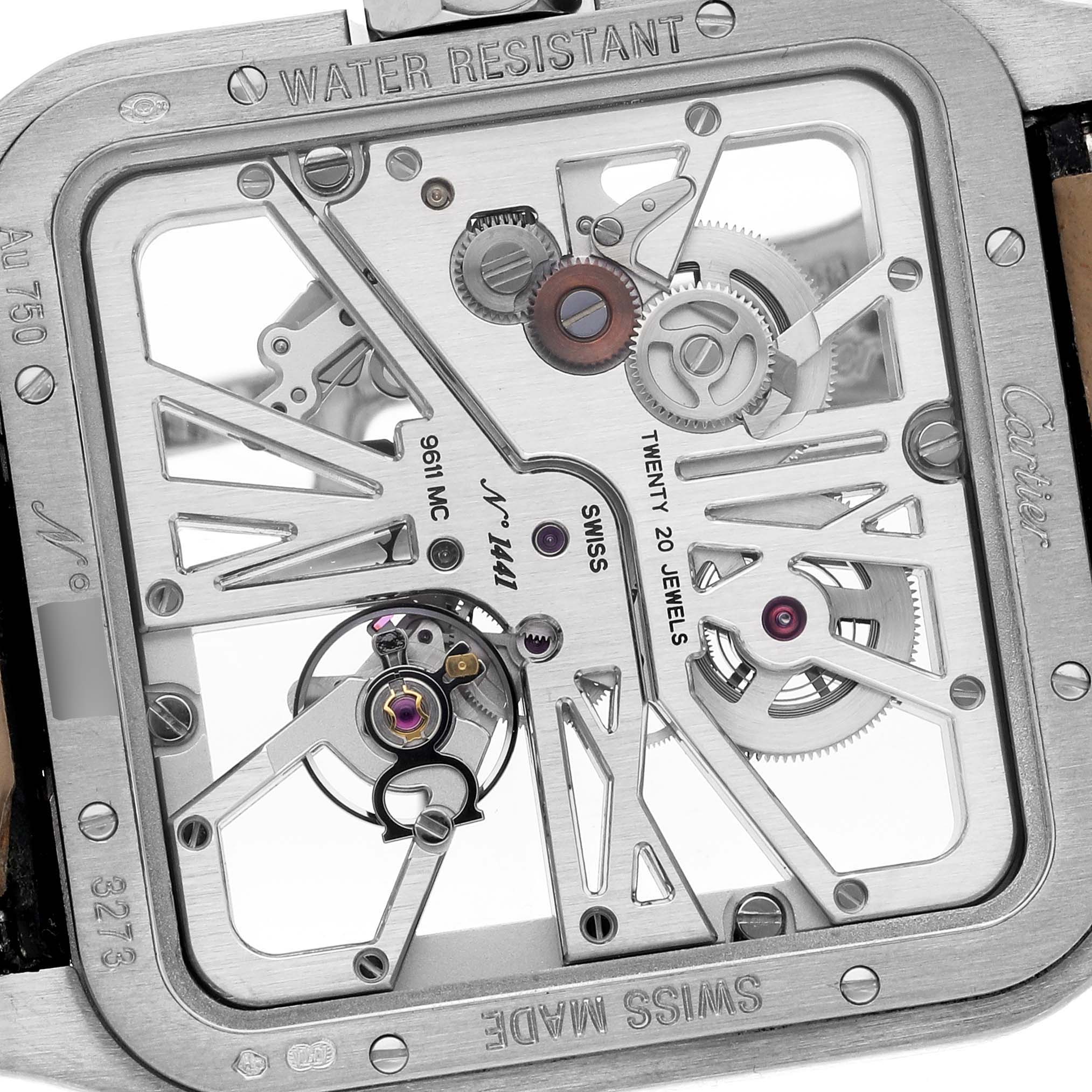 The image shows the back of the Cartier Santos Dumont W2020033 Men's White Gold Transparent Dial W2020033 Men's White Gold Transparent Dial watch, highlighting its mechanical movement and intricate gears.