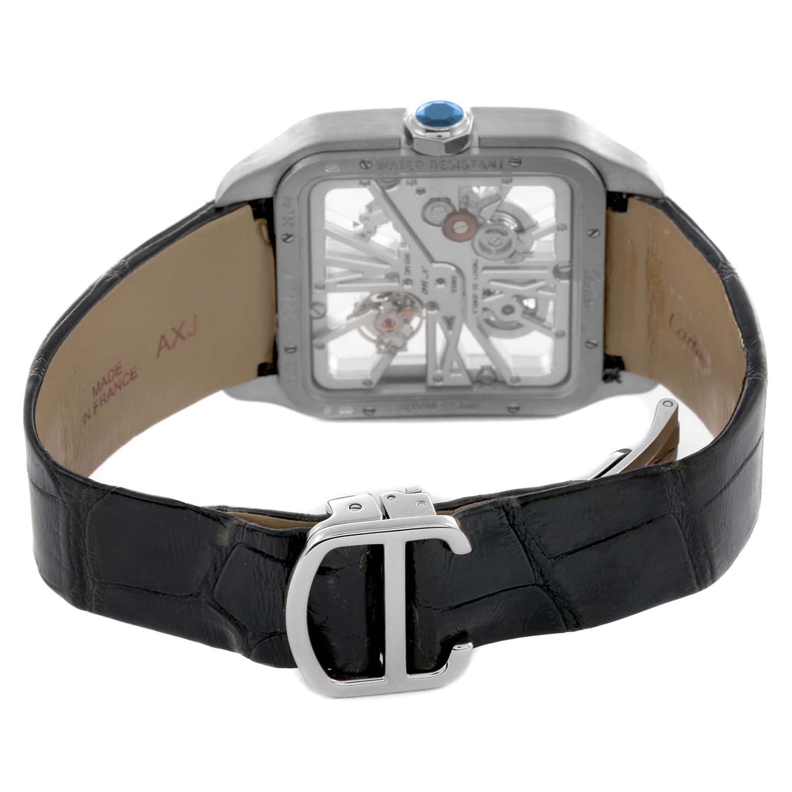 The image shows the back and side views of a Cartier Santos Dumont W2020033 Men's White Gold Transparent Dial W2020033 Men's White Gold Transparent Dial watch, focusing on the transparent case back, crown, and strap.