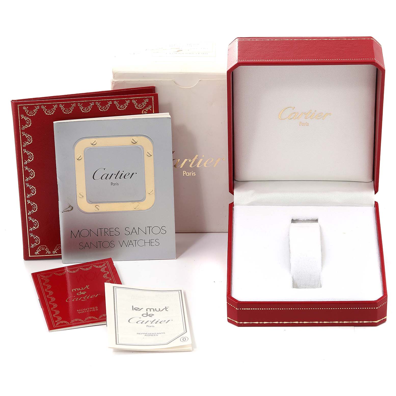 This image shows the Cartier Santos W20012C4 Women's Steel and Gold (two tone) Silver Dial W20012C4 Women's Steel and Gold (two tone) Silver Dial watch accessories, including the empty watch box, manual, and paperwork from a frontal angle.