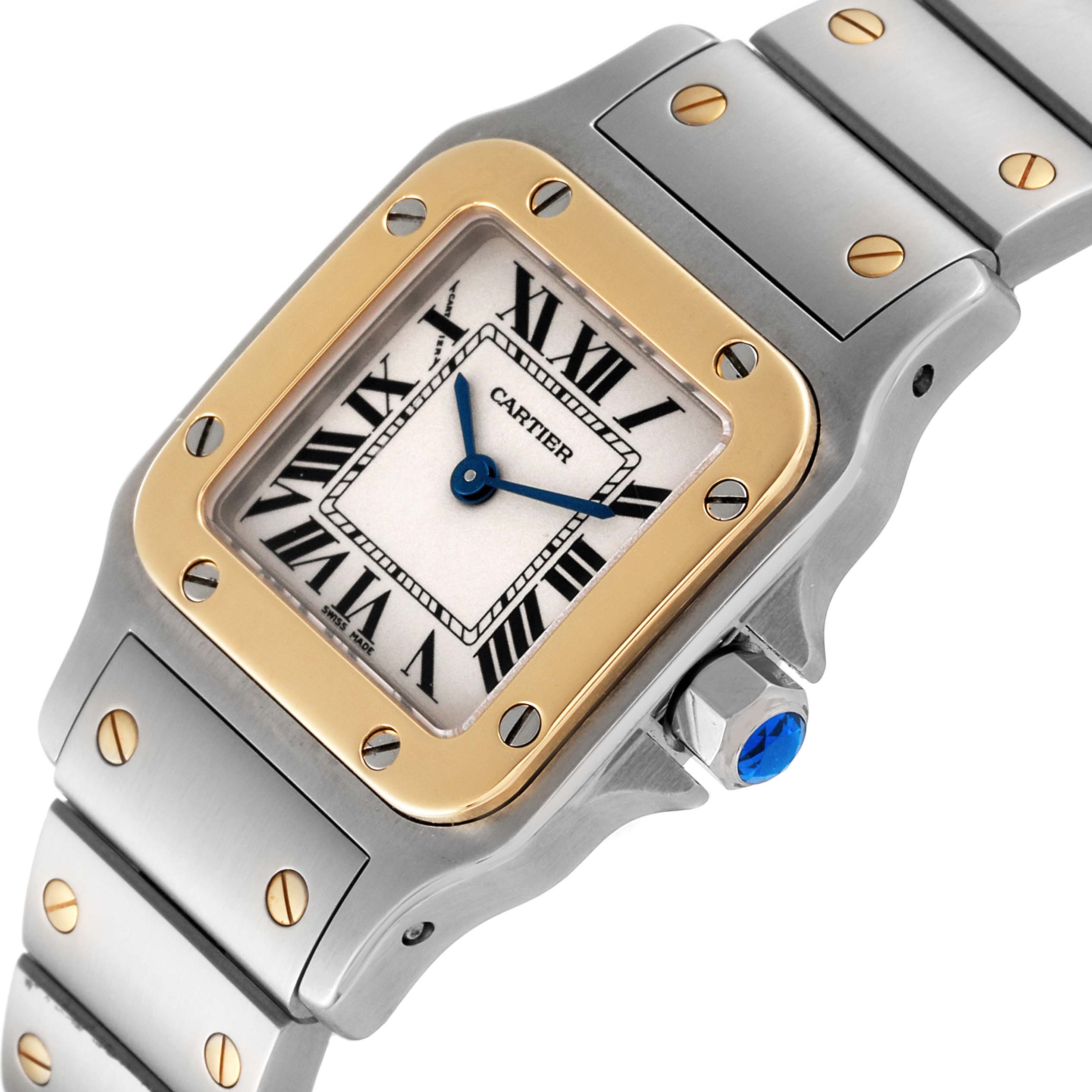This image shows a close-up of the Cartier Santos W20012C4 Women's Steel and Gold (two tone) Silver Dial W20012C4 Women's Steel and Gold (two tone) Silver Dial watch face, bezel, and part of the bracelet.