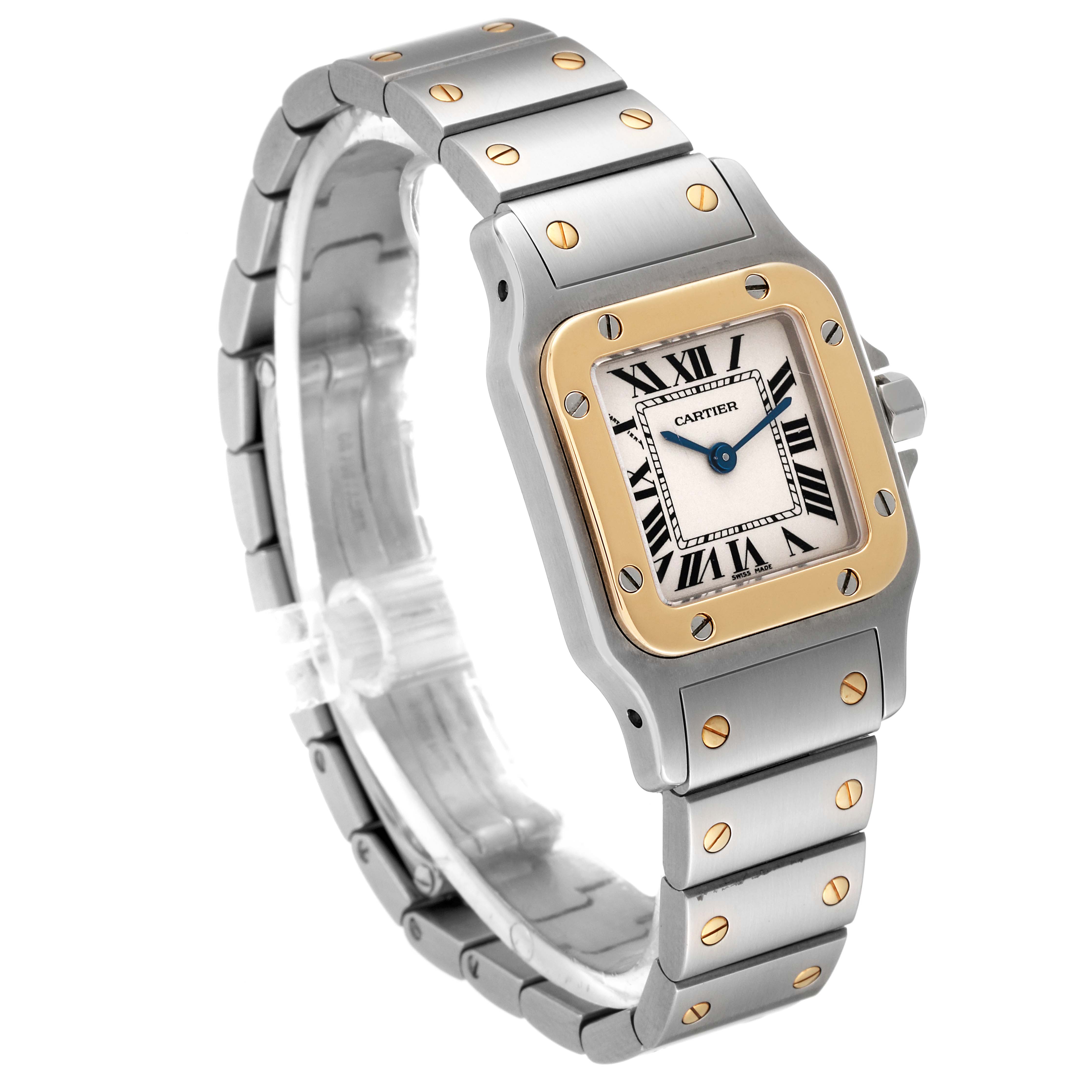 The Cartier Santos W20012C4 Women's Steel and Gold (two tone) Silver Dial W20012C4 Women's Steel and Gold (two tone) Silver Dial watch is shown at a slight angle featuring the face, bezel, and bracelet.