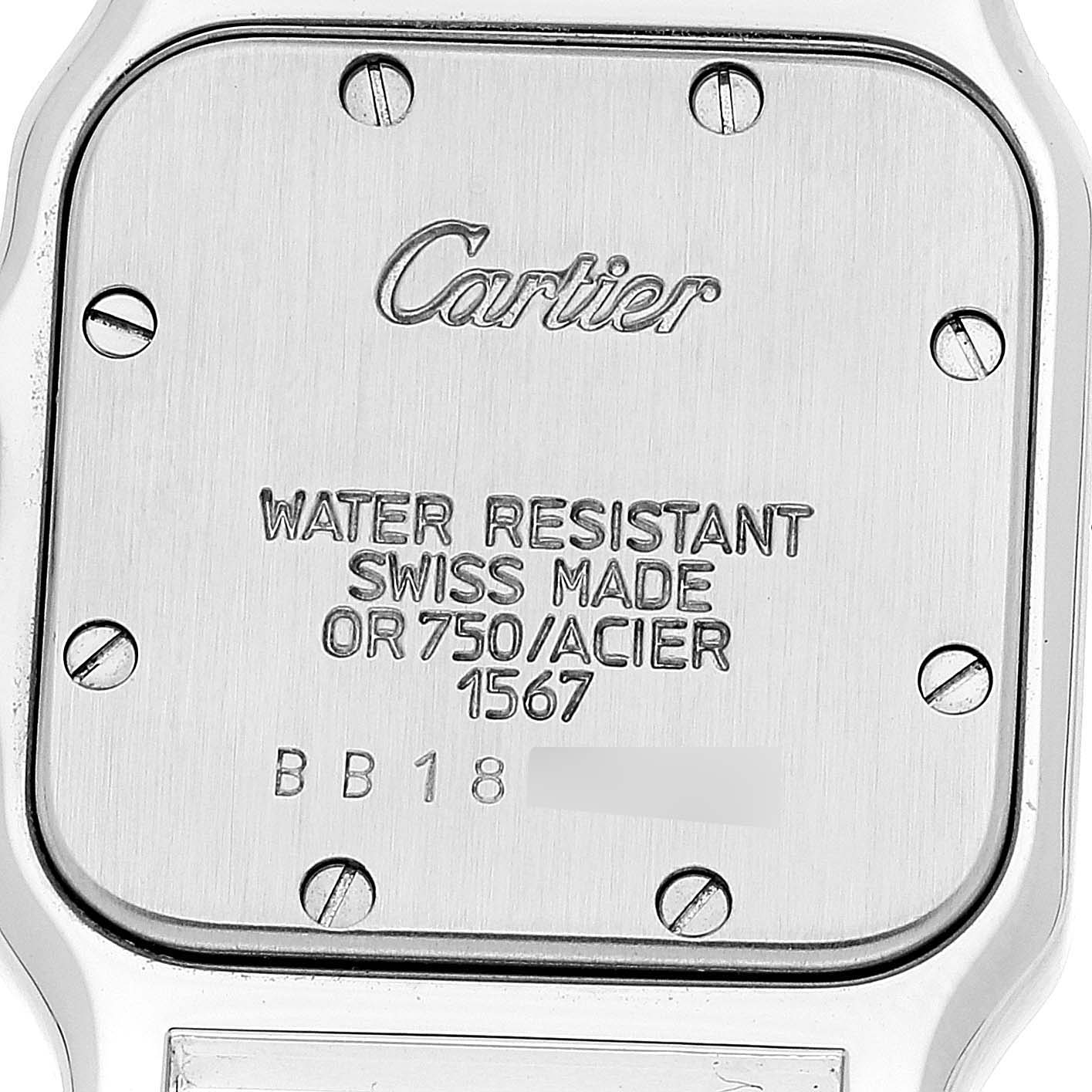 The image shows the back case of the Cartier Santos W20012C4 Women's Steel and Gold (two tone) Silver Dial W20012C4 Women's Steel and Gold (two tone) Silver Dial watch, displaying branding, material, and water resistance information.