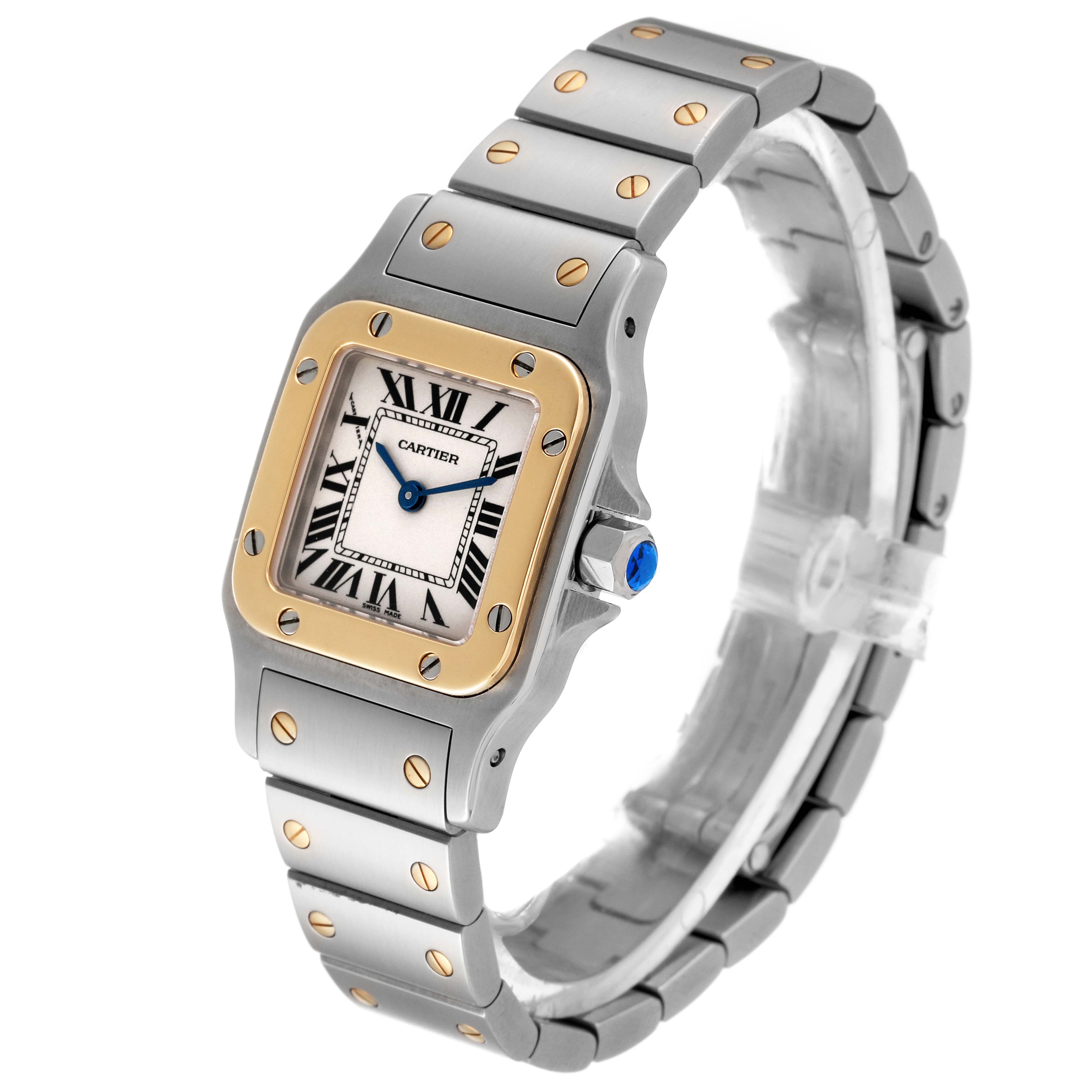 The image shows a Cartier Santos W20012C4 Women's Steel and Gold (two tone) Silver Dial W20012C4 Women's Steel and Gold (two tone) Silver Dial watch angled slightly to display the face, bezel, crown, and bracelet.