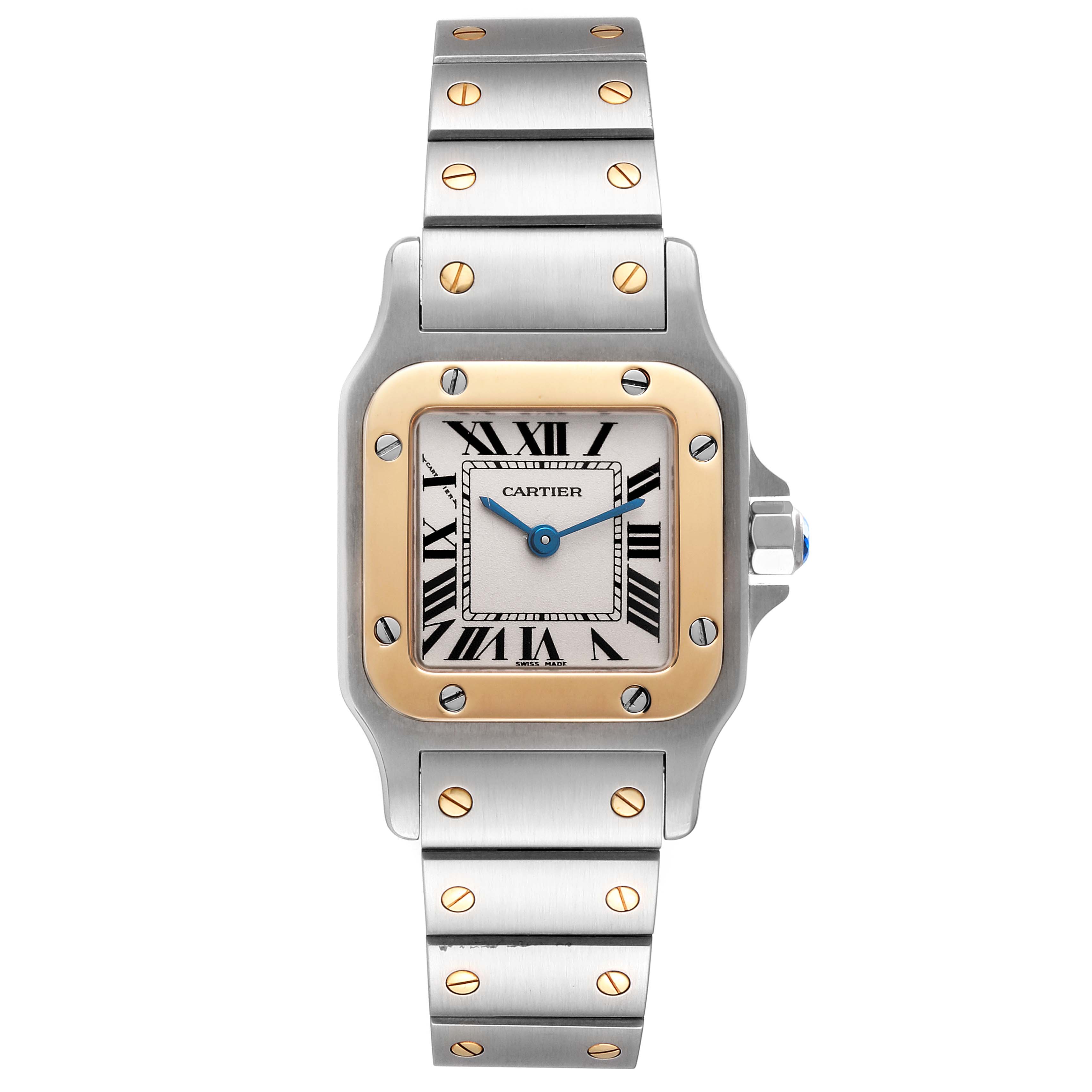 The image shows a frontal view of the Cartier Santos W20012C4 Women's Steel and Gold (two tone) Silver Dial W20012C4 Women's Steel and Gold (two tone) Silver Dial watch, displaying its dial, bezel, and bracelet.