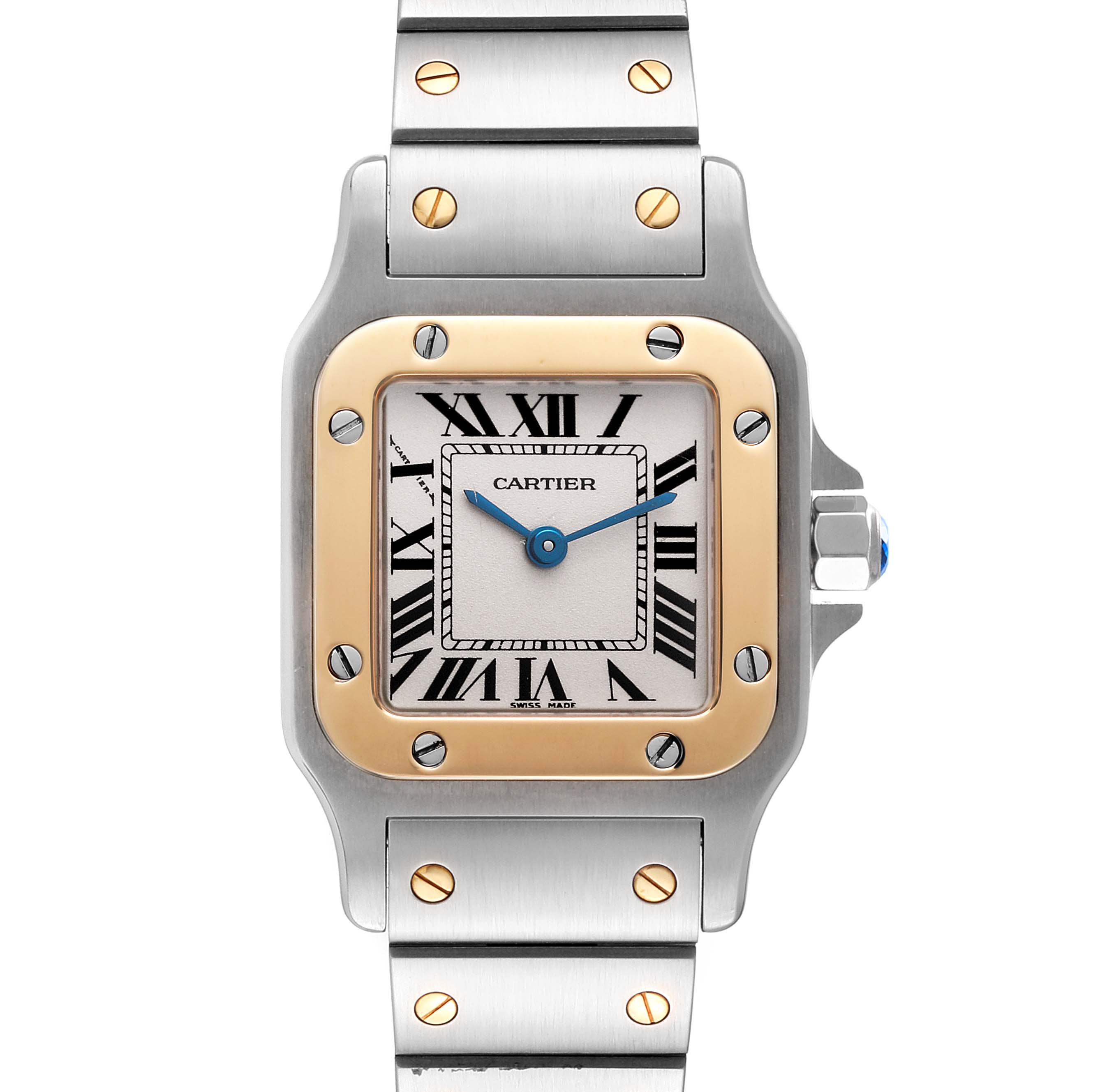 The image shows a frontal view of the Cartier Santos W20012C4 Women's Steel and Gold (two tone) Silver Dial W20012C4 Women's Steel and Gold (two tone) Silver Dial watch, highlighting its face, bezel, and bracelet.