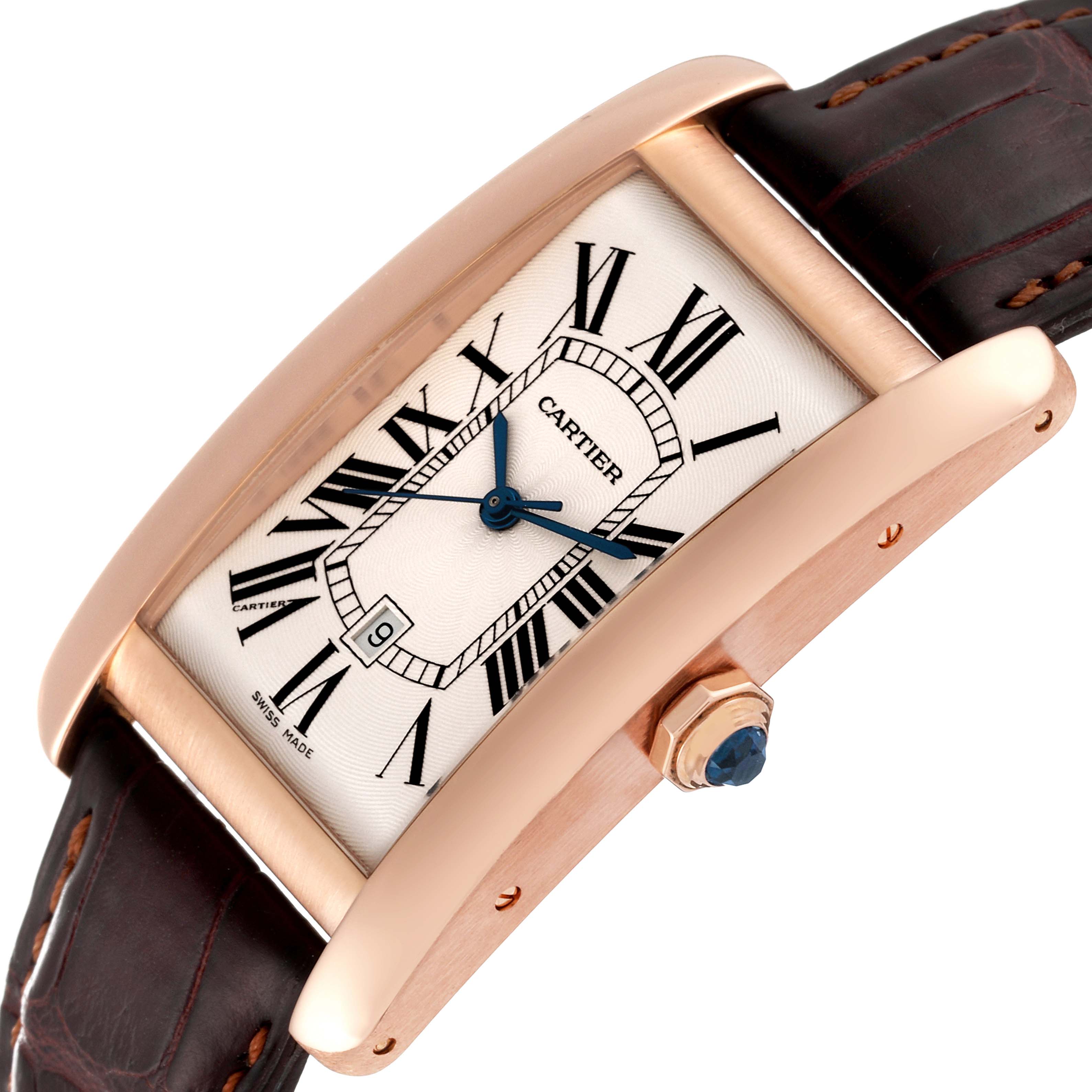 The image shows a Cartier Tank Americaine W2609156 Men's Rose Gold Silver Dial W2609156 Men's Rose Gold Silver Dial watch at a three-quarter angle, highlighting the dial, crown, and leather strap.