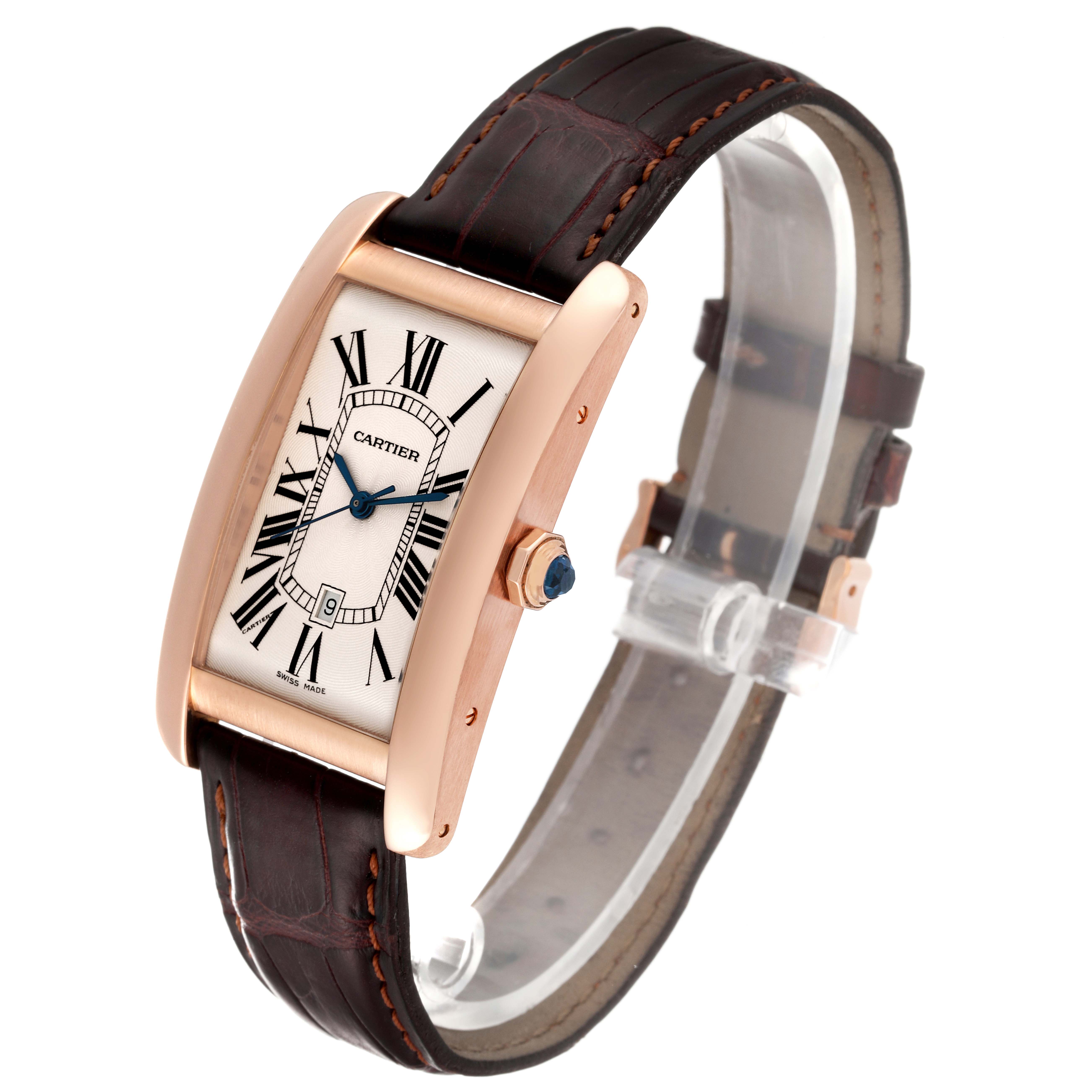 The image shows a Cartier Tank Americaine W2609156 Men's Rose Gold Silver Dial W2609156 Men's Rose Gold Silver Dial watch at a three-quarter angle, highlighting its rectangular face, leather strap, and side crown.