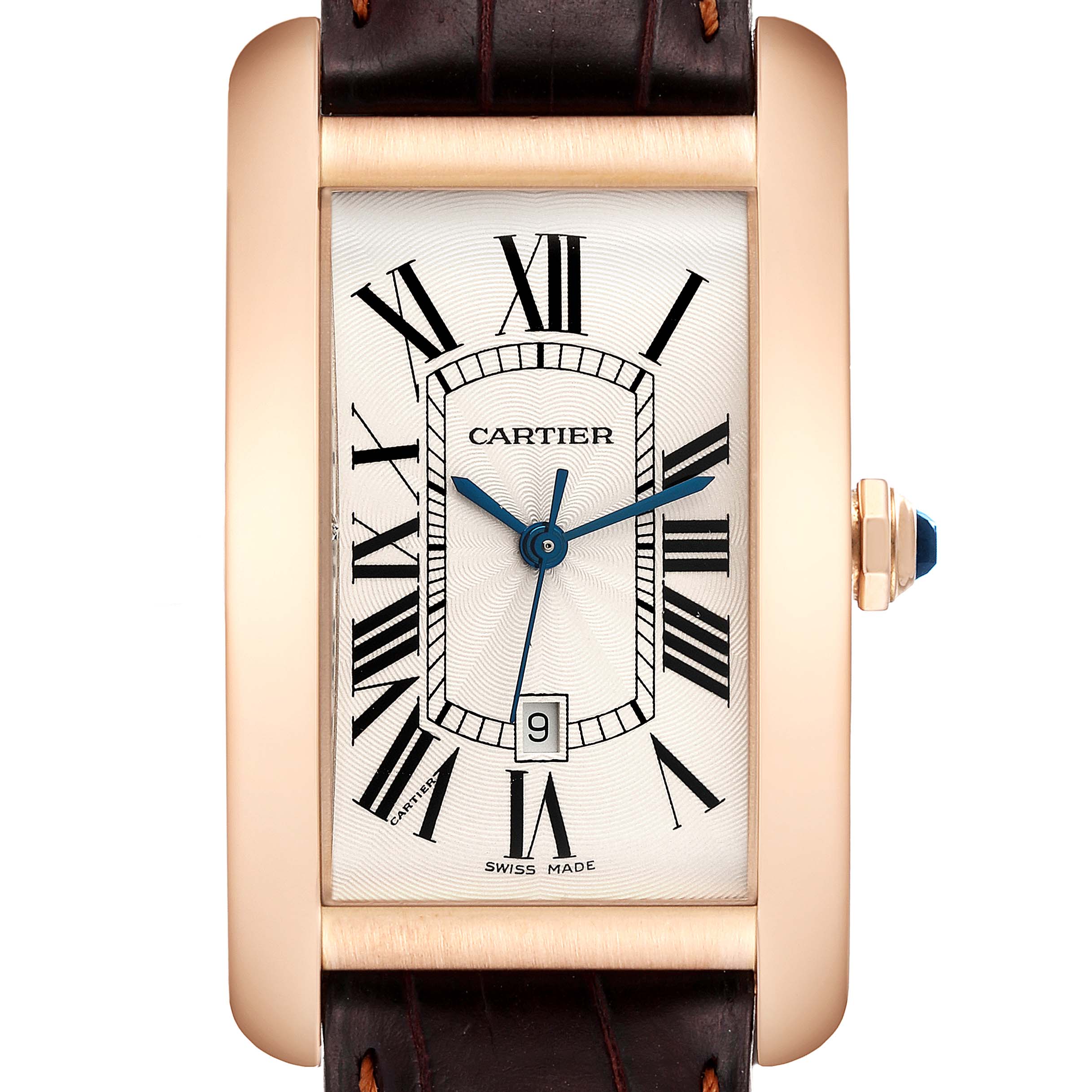 The image shows a frontal view of the Cartier Tank Americaine W2609156 Men's Rose Gold Silver Dial W2609156 Men's Rose Gold Silver Dial watch, featuring a gold rectangular case, Roman numerals, blue hands, and a leather strap.