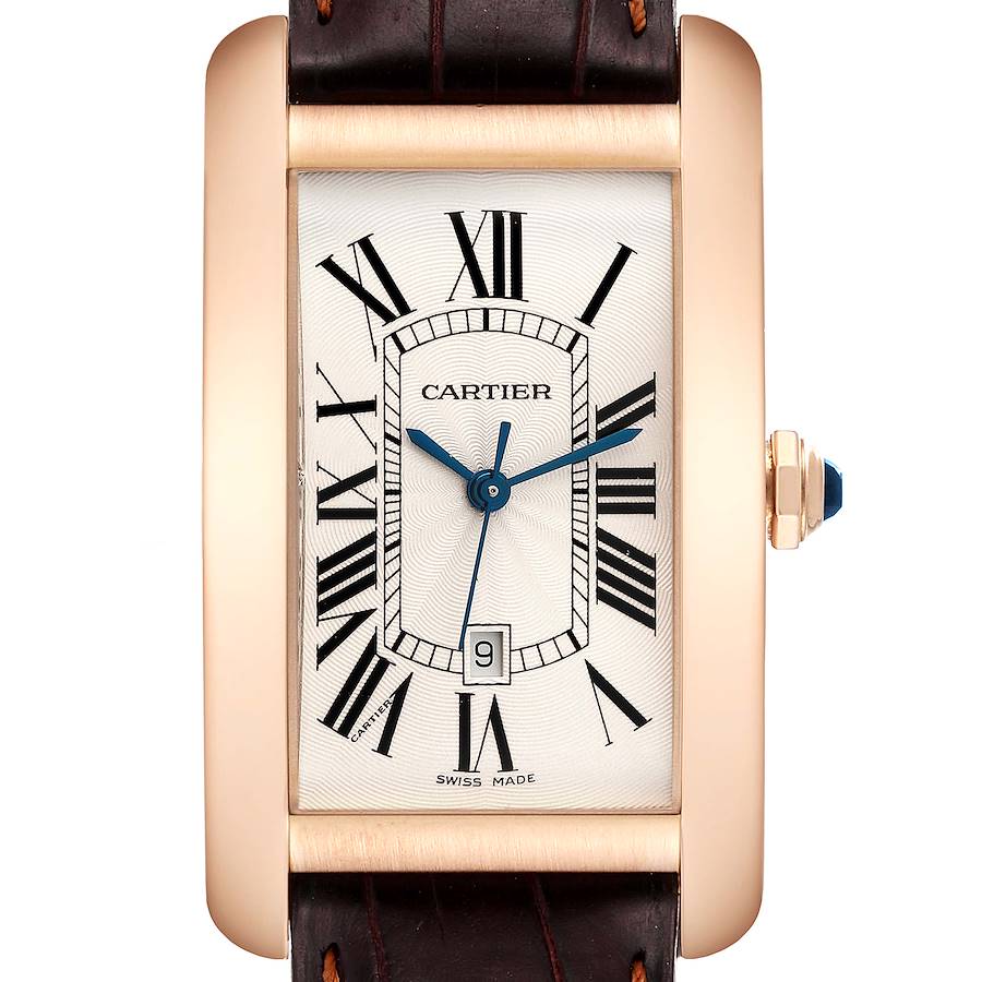 Cartier Tank Americaine Large Rose Gold Brown Strap Mens Watch W2609156 SwissWatchExpo