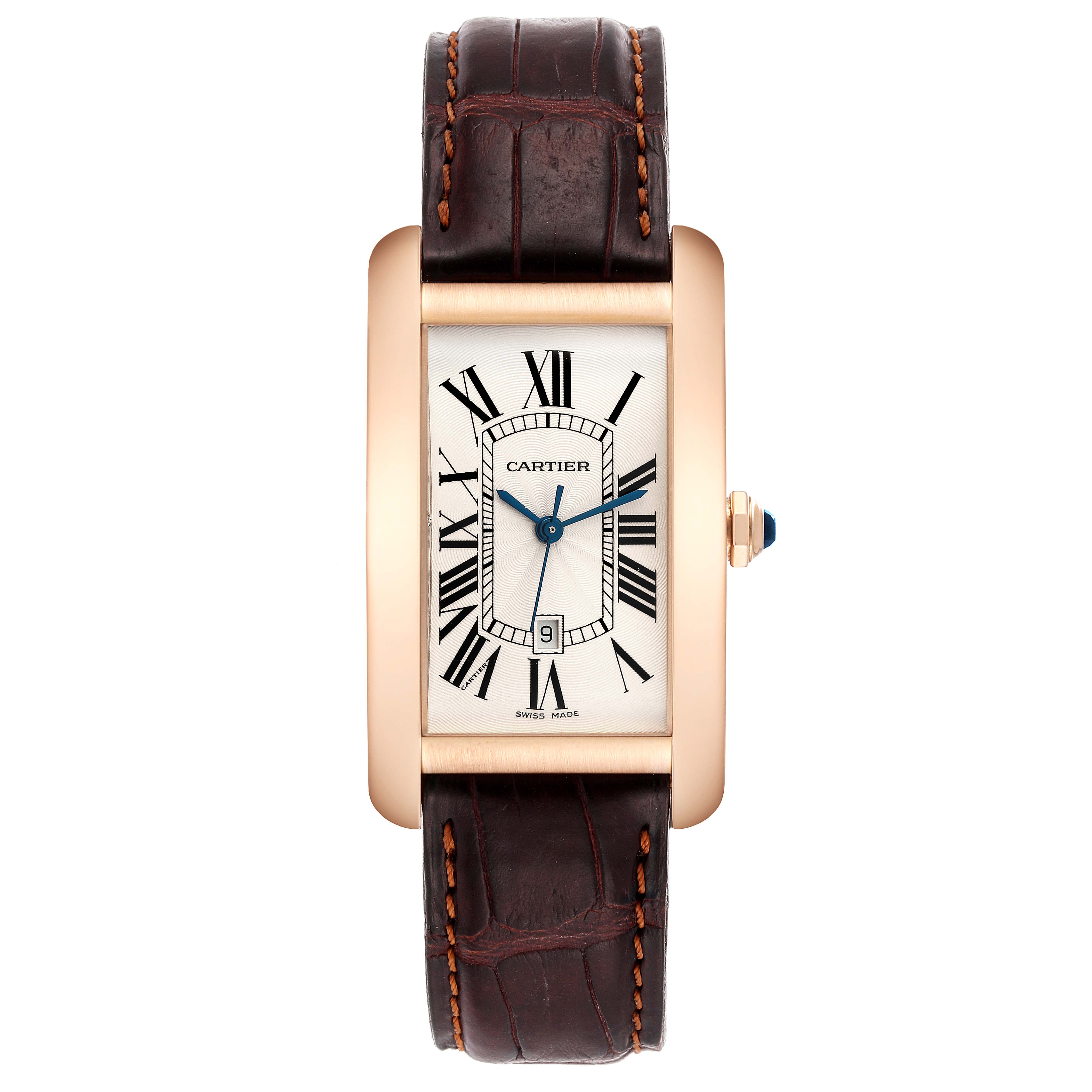 The image shows a front view of the Cartier Tank Americaine W2609156 Men's Rose Gold Silver Dial W2609156 Men's Rose Gold Silver Dial watch, highlighting the rectangular face, Roman numerals, and leather strap.