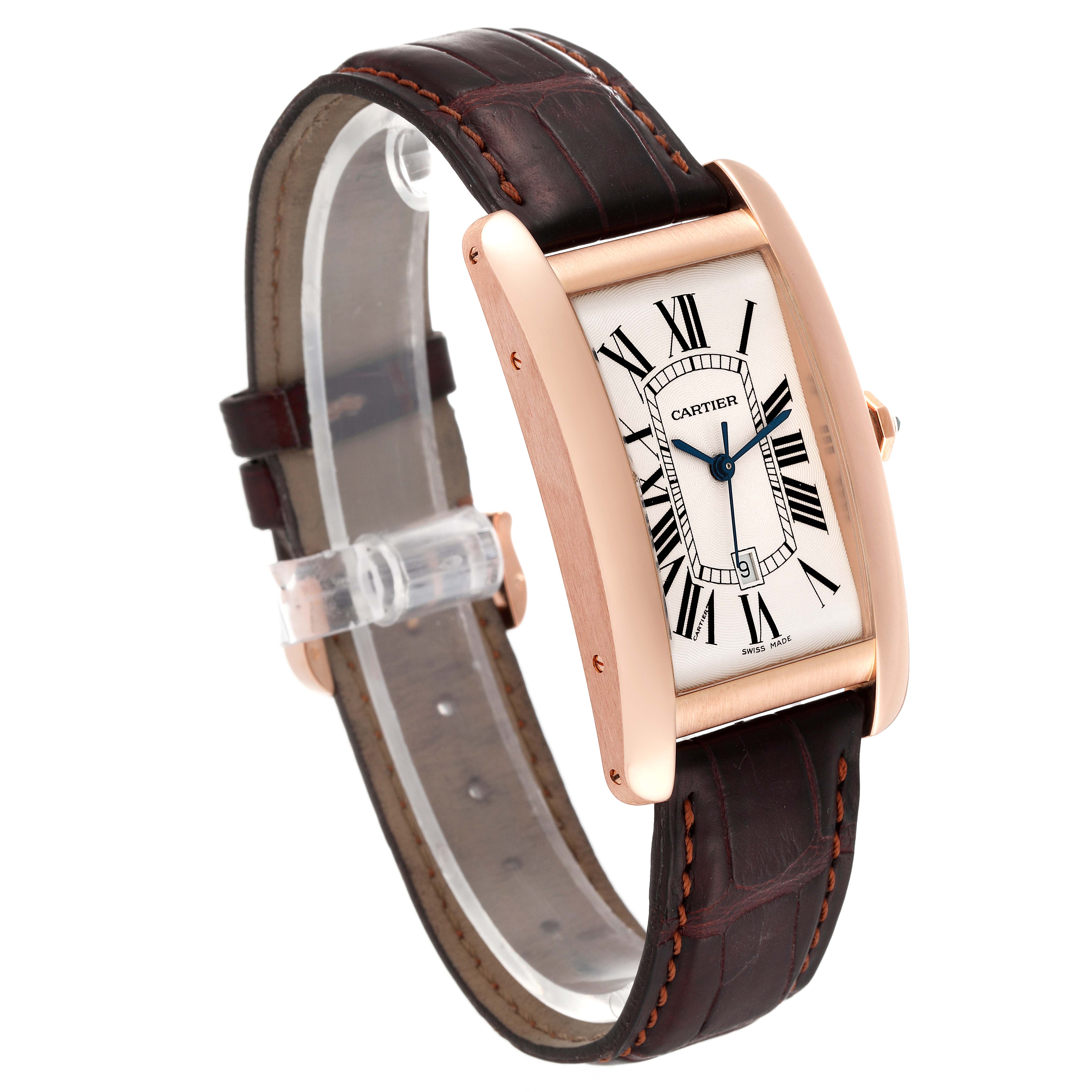 The image shows a Cartier Tank Americaine W2609156 Men's Rose Gold Silver Dial W2609156 Men's Rose Gold Silver Dial watch at a three-quarter angle, displaying the face, case, and brown leather strap.