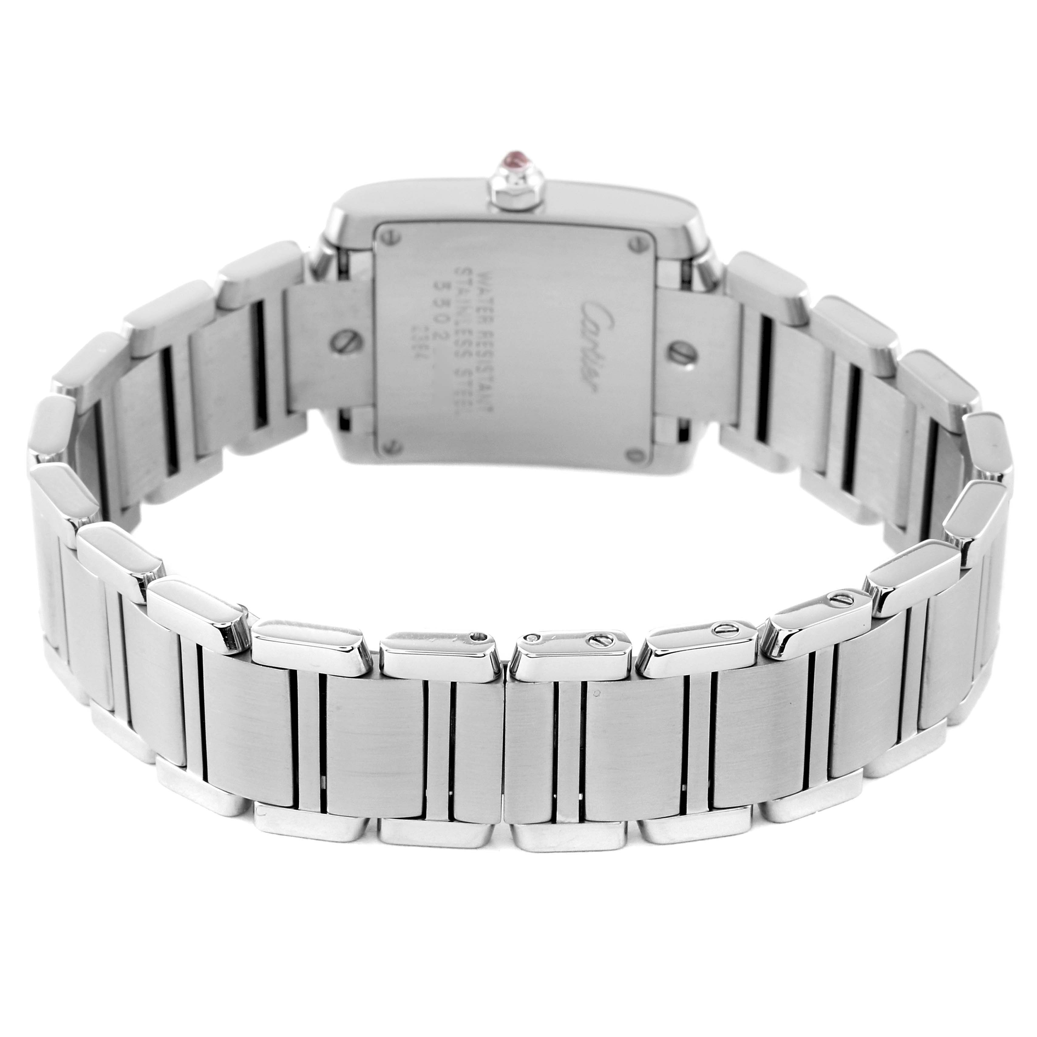 The image shows the back of a Cartier Tank Francaise W51028Q3 Women's Stainless Steel Mother of Pearl Dial W51028Q3 Women's Stainless Steel Mother of Pearl Dial watch, highlighting its stainless steel bracelet and case back.