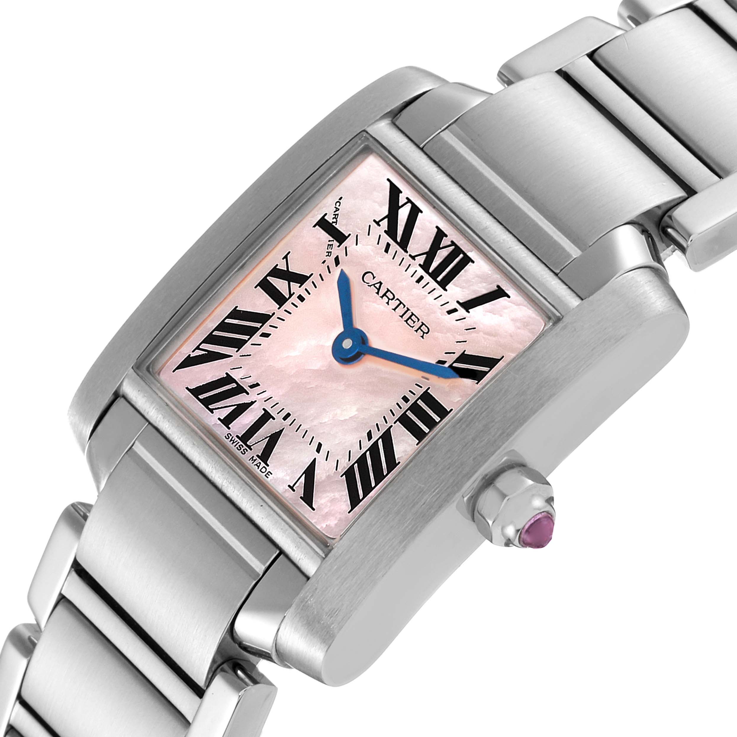 This image shows a close-up angle of the Tank Francaise model by Cartier, focusing on the dial and part of the metal bracelet.