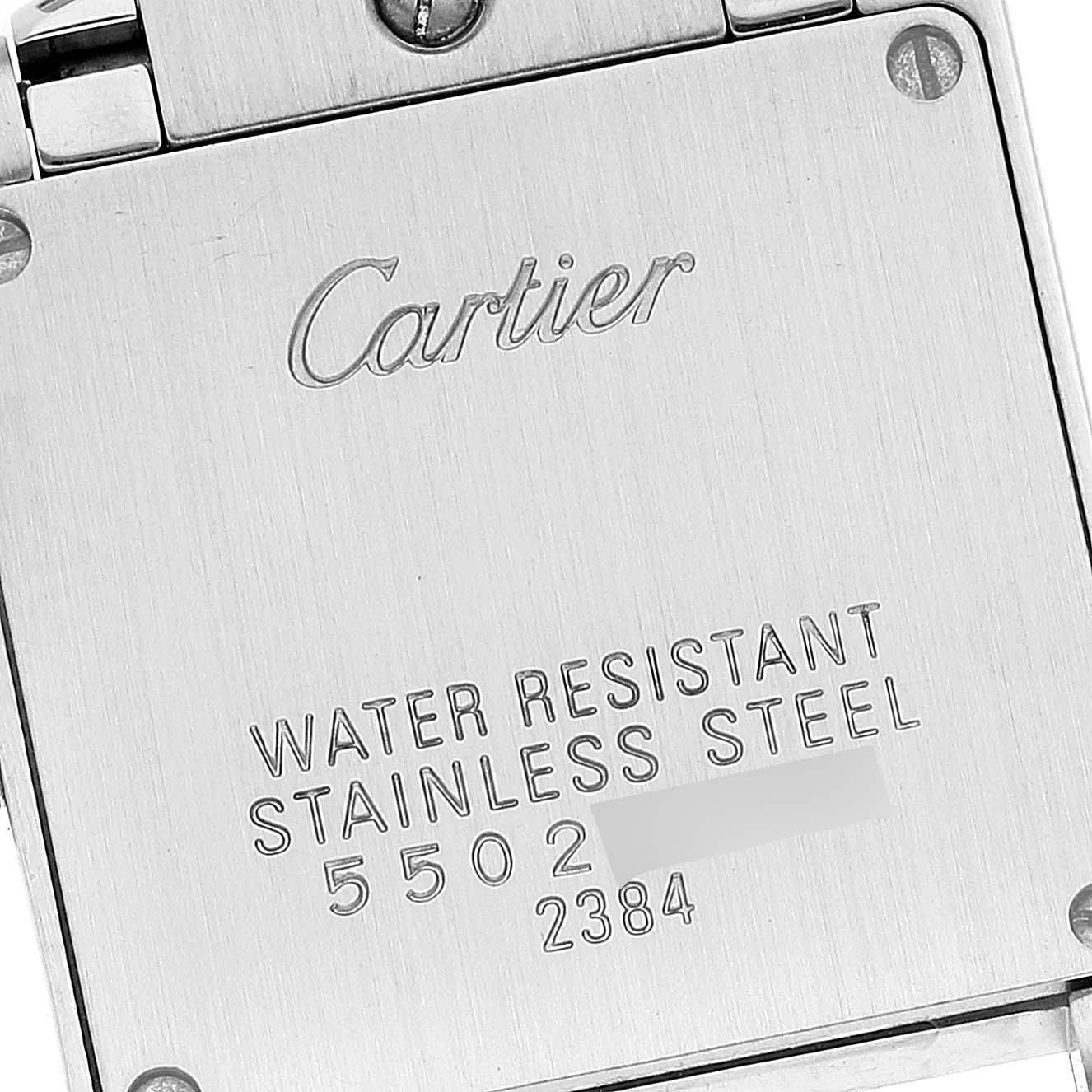 This image shows the back case of a Cartier Tank Francaise W51028Q3 Women's Stainless Steel Mother of Pearl Dial W51028Q3 Women's Stainless Steel Mother of Pearl Dial watch, highlighting its water resistance and stainless steel material.