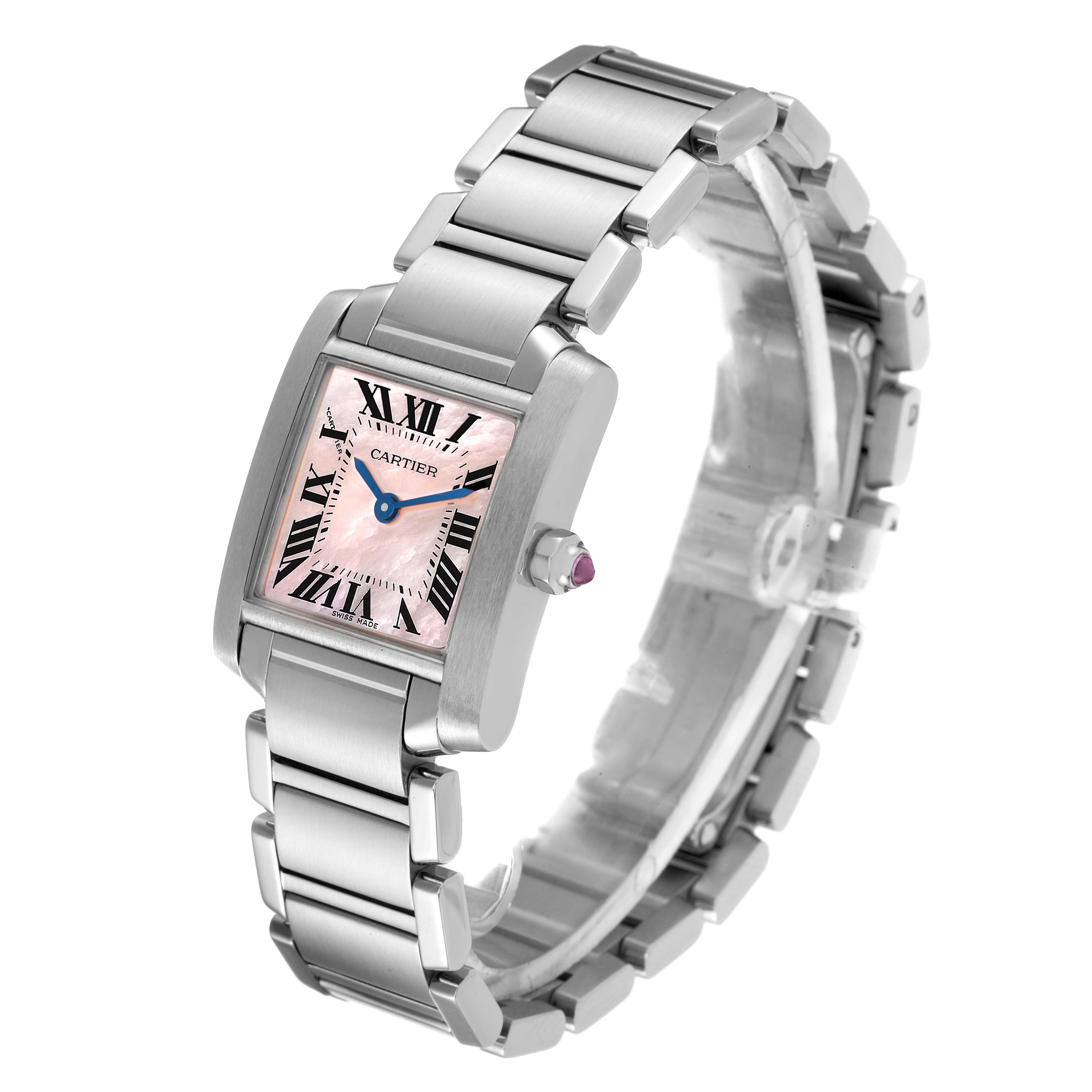 The Tank Francaise by Cartier is shown at a three-quarter angle, highlighting its metal bracelet, pink dial, and iconic rectangular face.