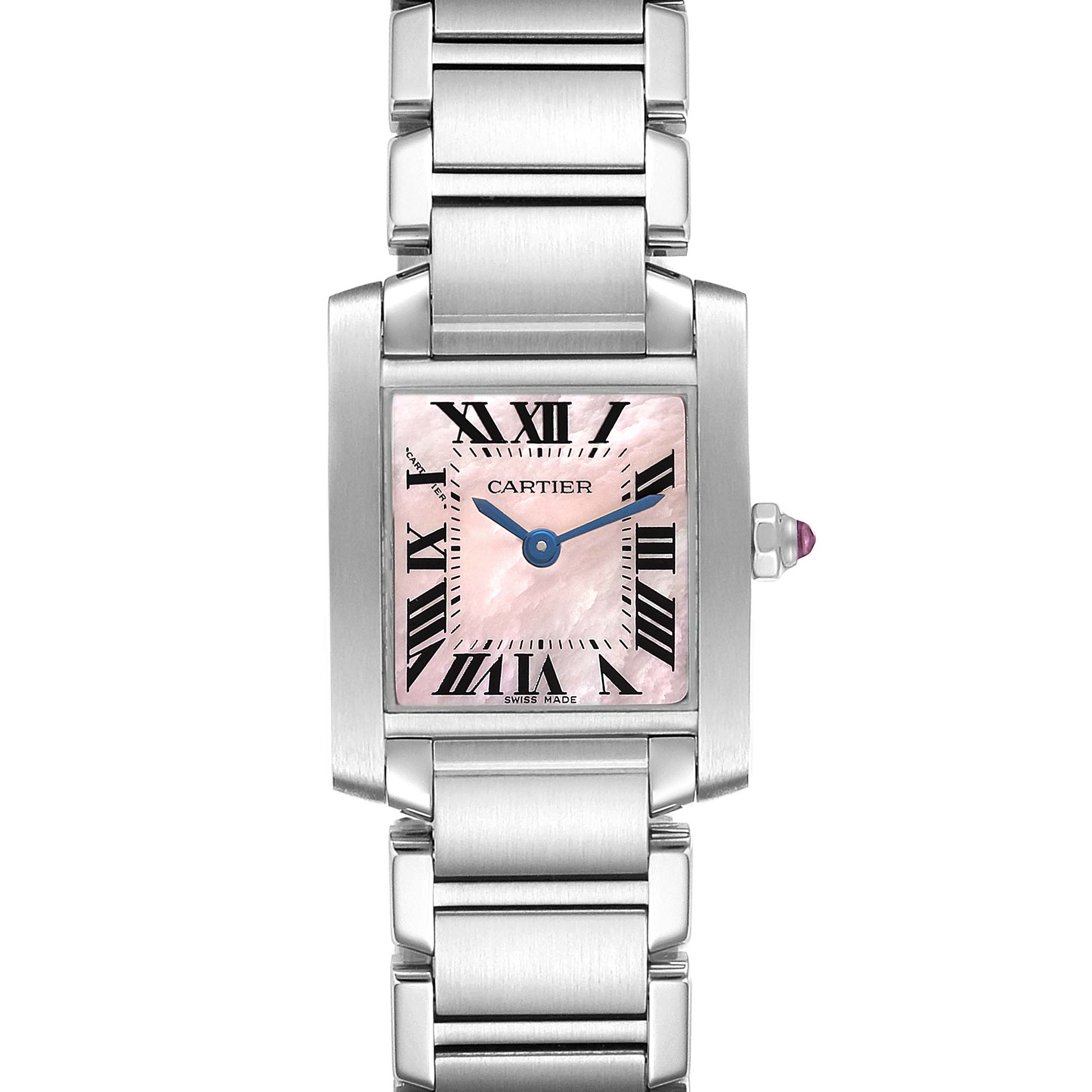The image shows a frontal view of a Cartier Tank Française watch with a metal bracelet and a pink dial featuring Roman numerals.
