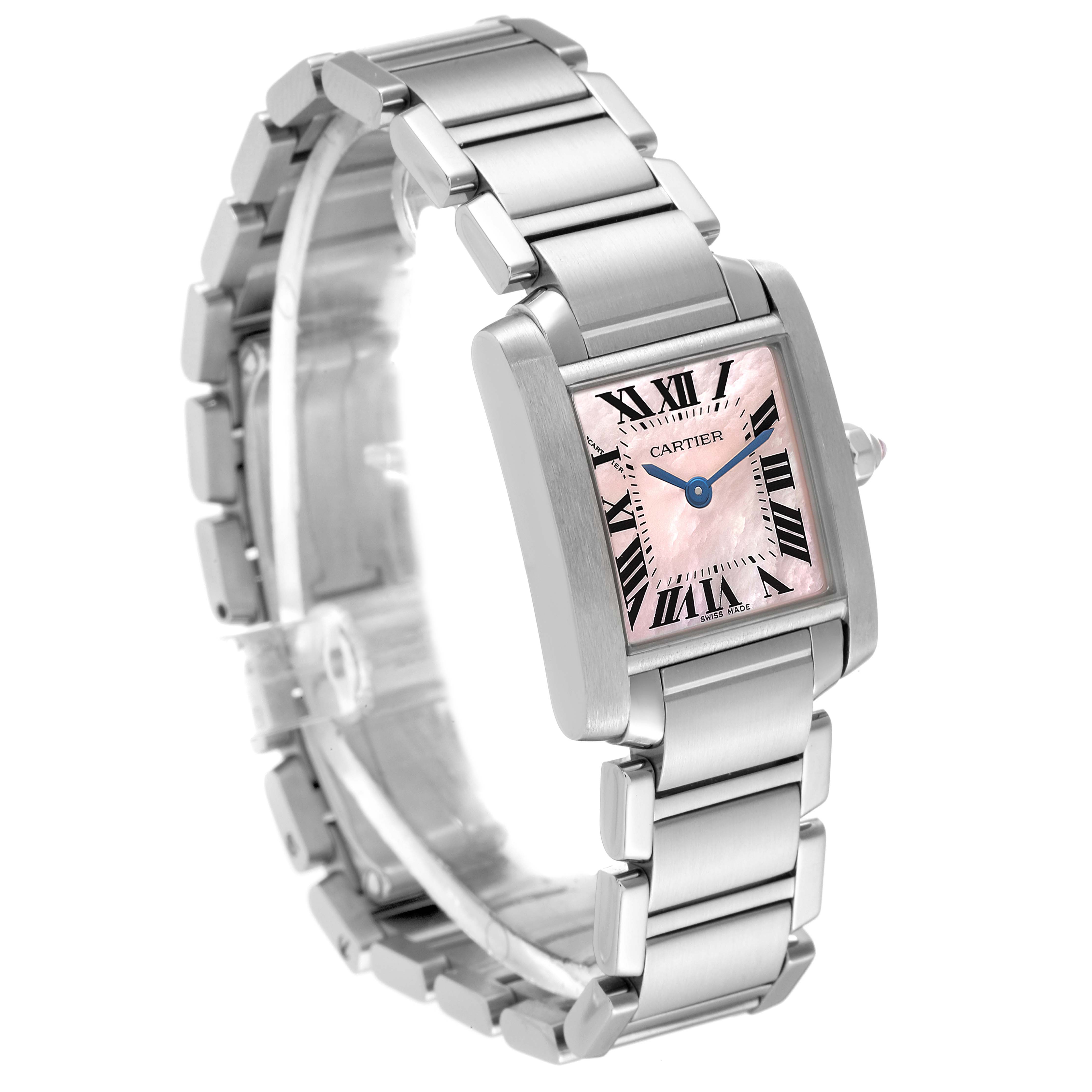 This image shows a Cartier Tank Francaise W51028Q3 Women's Stainless Steel Mother of Pearl Dial W51028Q3 Women's Stainless Steel Mother of Pearl Dial watch at a three-quarter angle, displaying the face and metal bracelet.