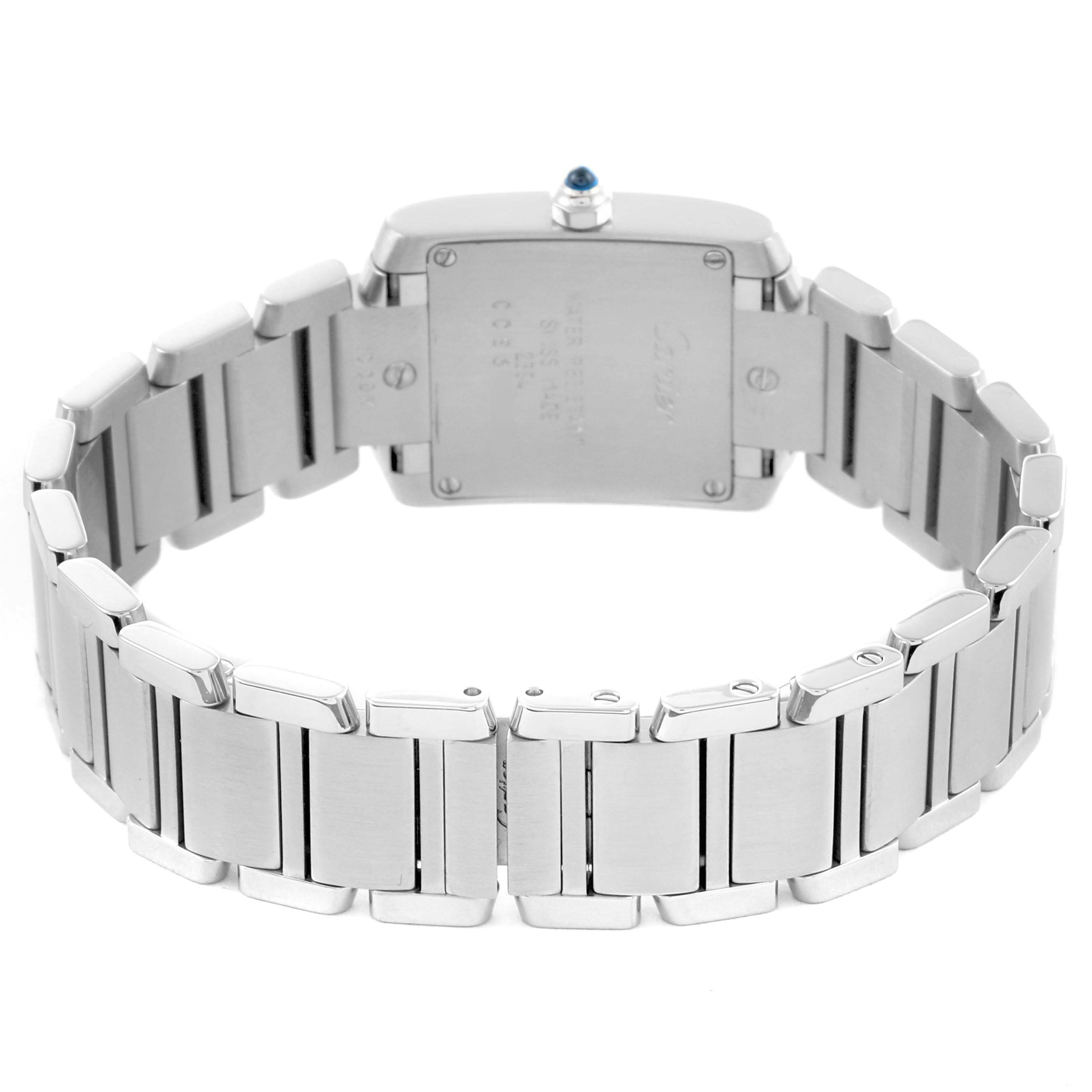 The image shows the back and bracelet of a Cartier Tank Française watch, highlighting the clasp and links.