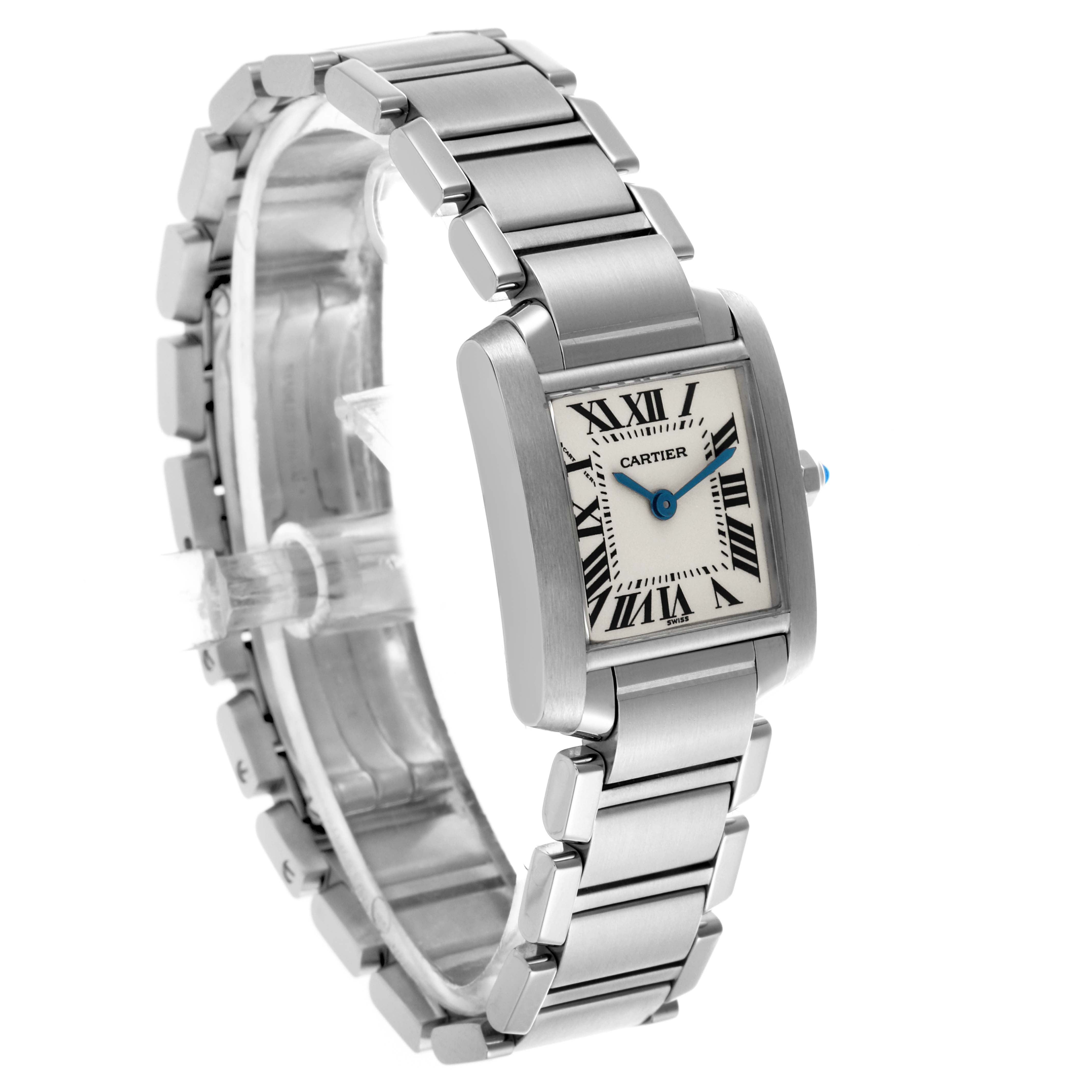 The Cartier Tank Francaise W51008Q3 Women's Stainless Steel Silver Dial W51008Q3 Women's Stainless Steel Silver Dial watch is shown at a three-quarter angle, displaying the face, bezel, and bracelet.