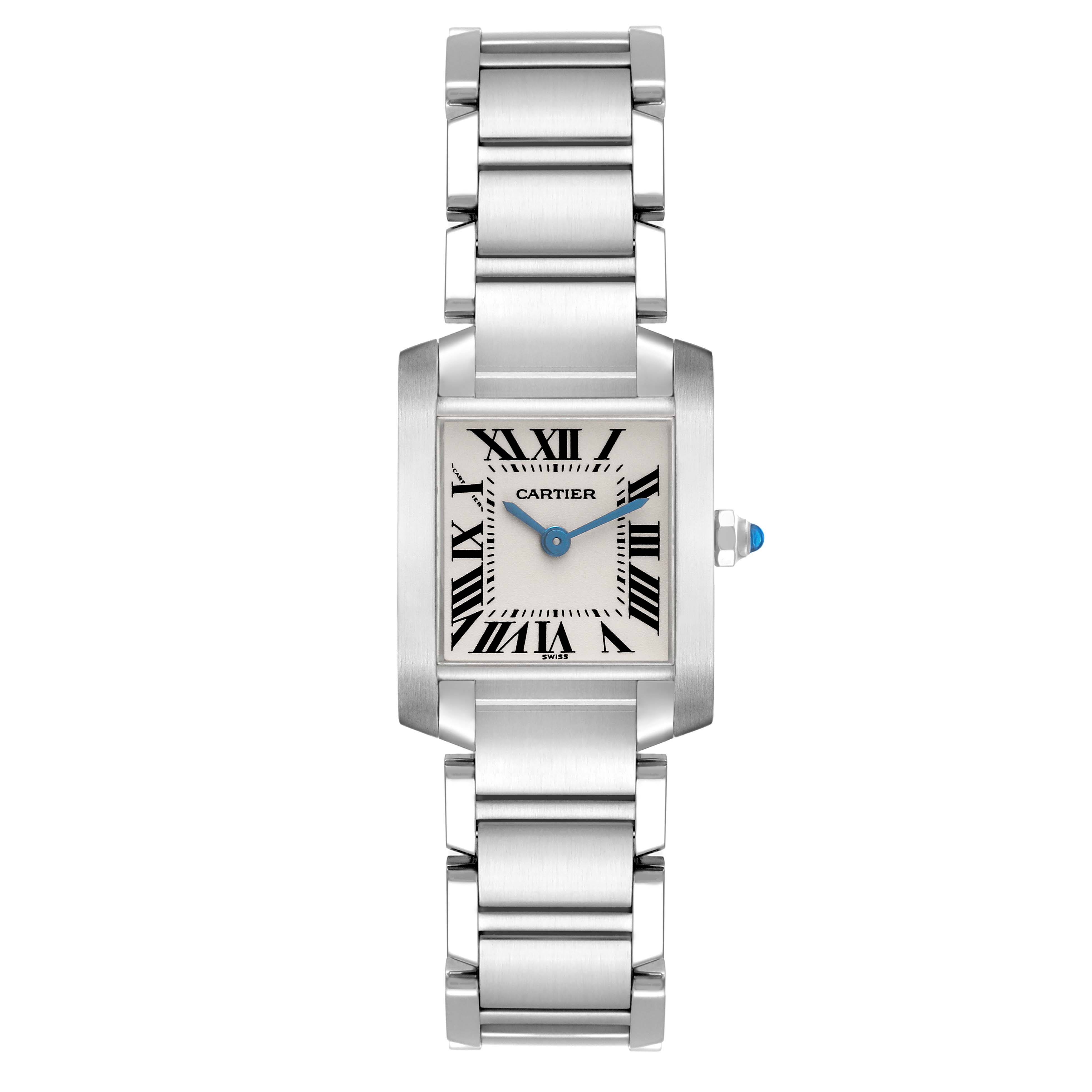 The Cartier Tank Française watch is shown from a front view, displaying its rectangular face, Roman numerals, and metal bracelet.