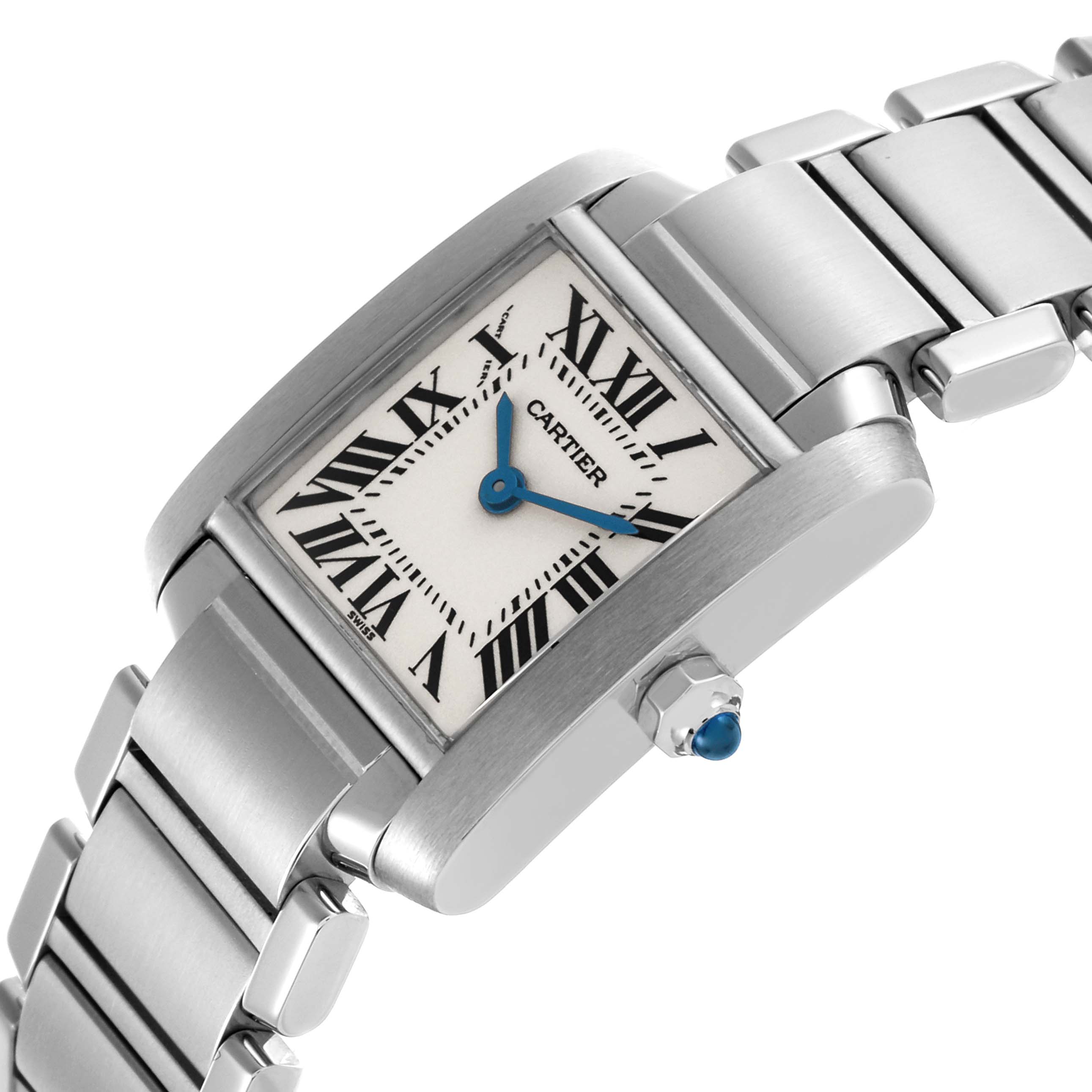 The Cartier Tank Française watch is shown at an angled view, highlighting its rectangular face, Roman numerals, and metal bracelet.