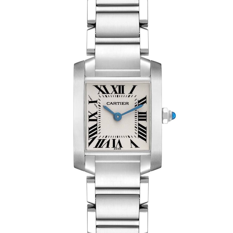 The Cartier Tank Française watch is shown from a front angle, highlighting the face, bezel, and bracelet.