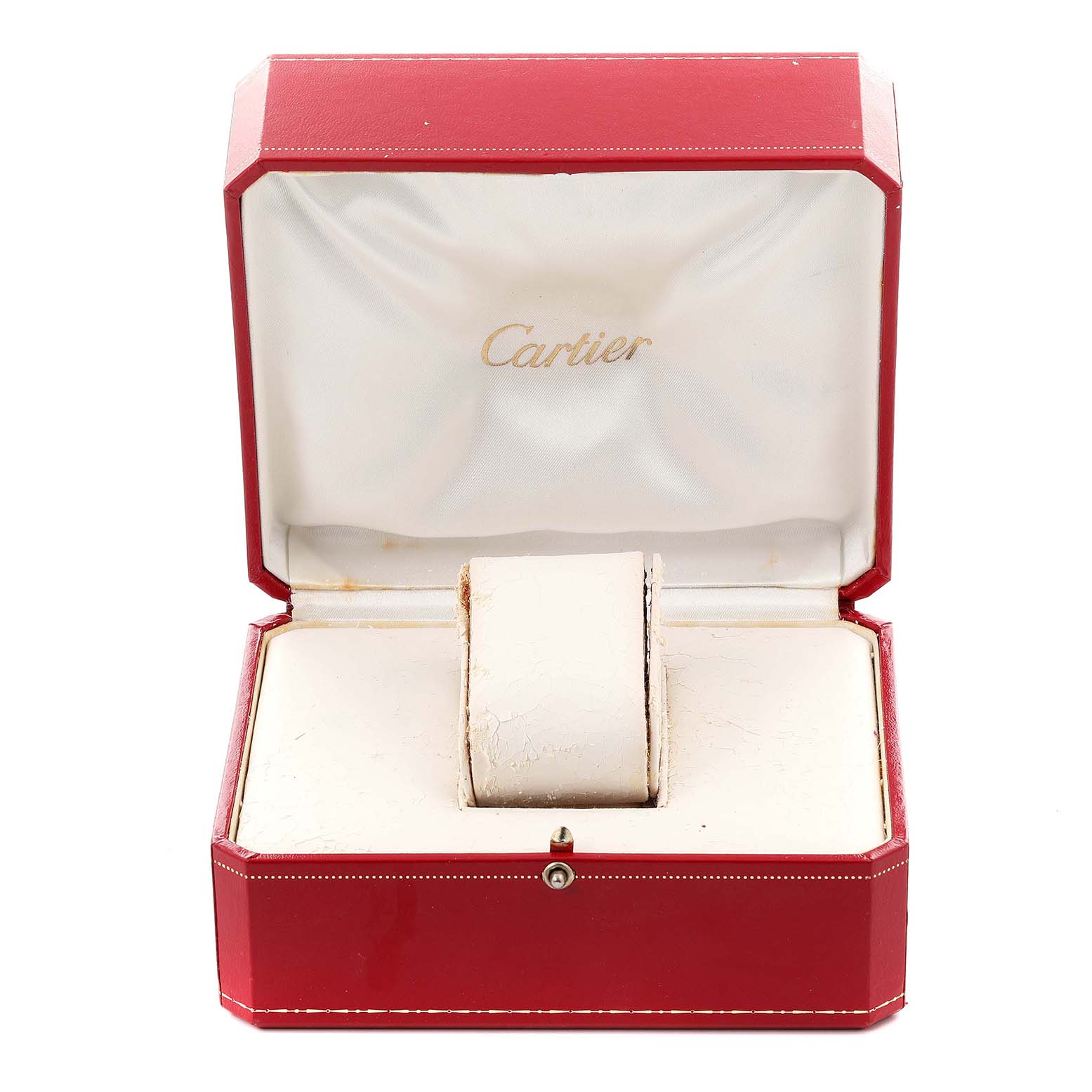 The Tank Francaise by Cartier is shown here in its red, open box from a frontal angle.