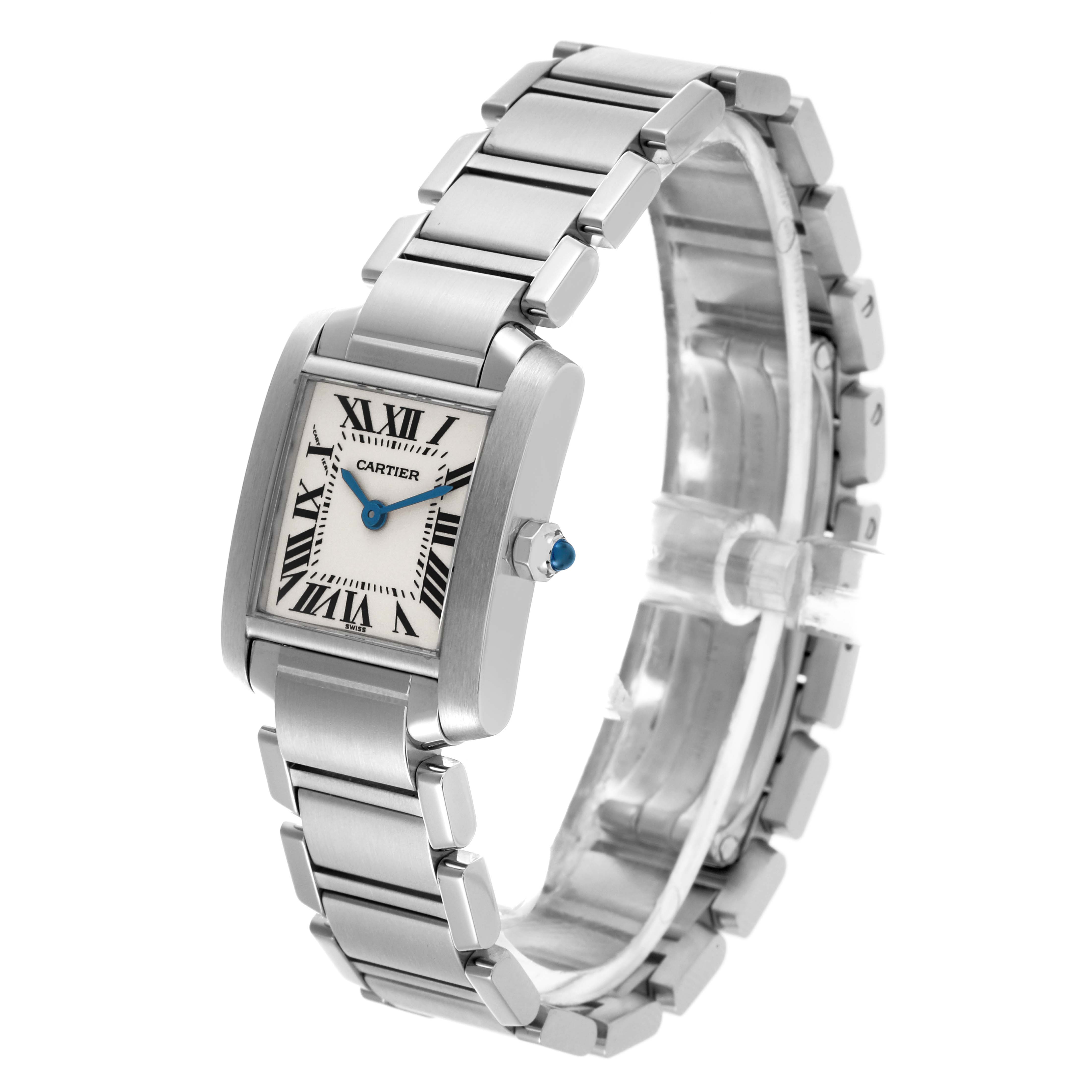 The Cartier Tank Française watch is shown from a side angle displaying the bracelet and square face with Roman numerals.