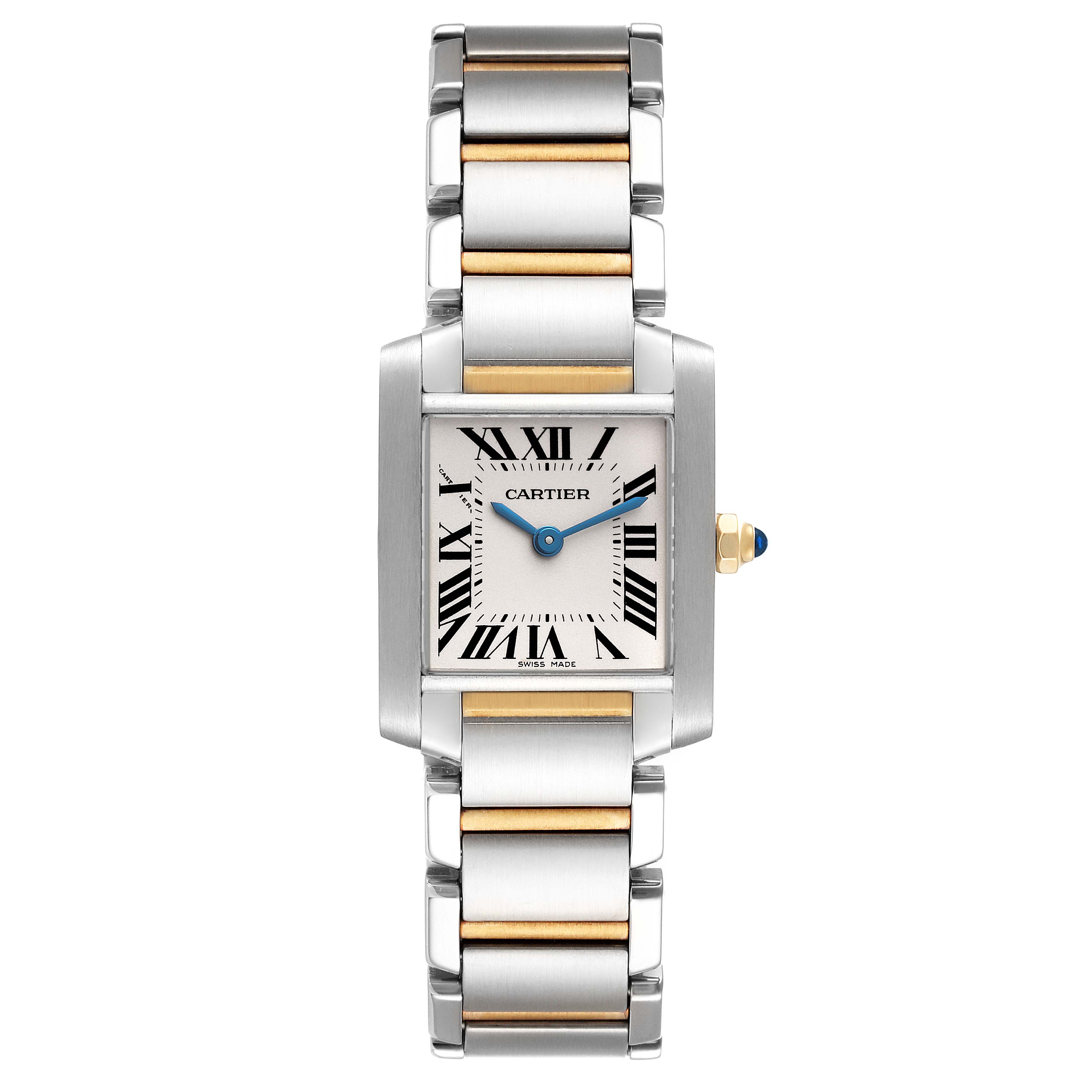 This image shows a frontal view of a Cartier Tank Francaise W51007Q4 Women's Steel and Gold (two tone) Silver Dial W51007Q4 Women's Steel and Gold (two tone) Silver Dial watch, highlighting its rectangular face and two-tone metal bracelet.
