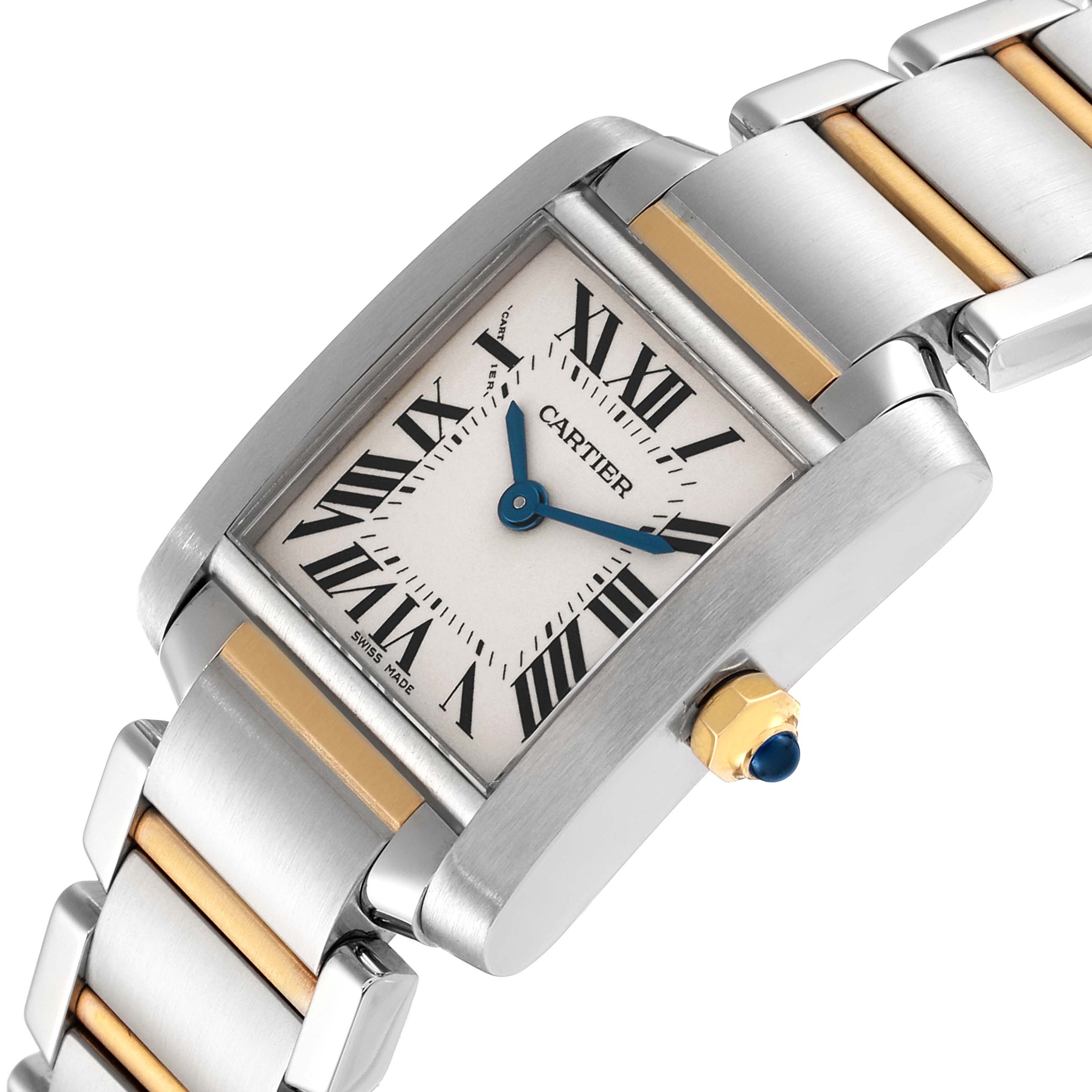 This image shows a close-up angle of the Cartier Tank Francaise W51007Q4 Women's Steel and Gold (two tone) Silver Dial W51007Q4 Women's Steel and Gold (two tone) Silver Dial watch, highlighting its dial, hands, and part of the metal band.