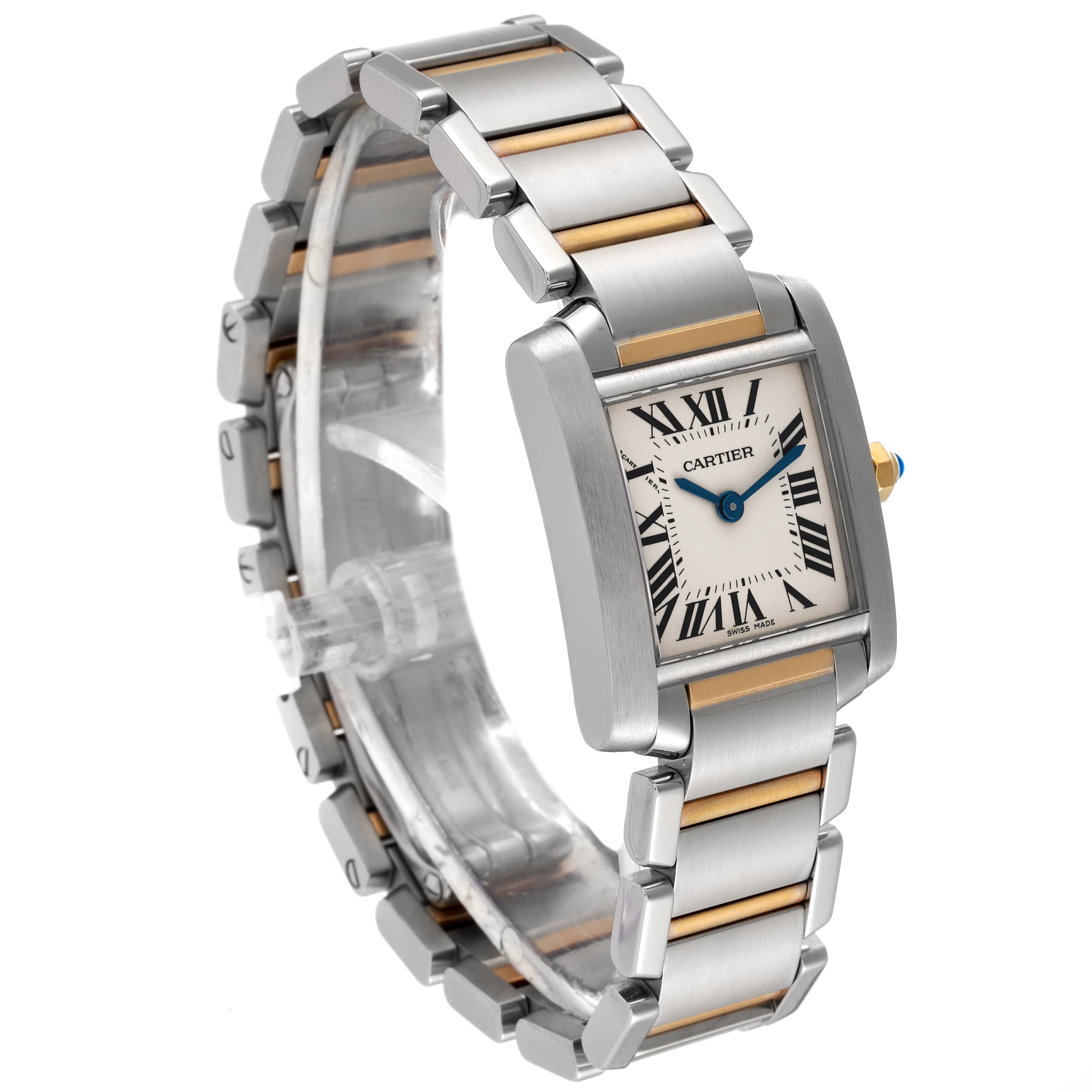 The Cartier Tank Francaise W51007Q4 Women's Steel and Gold (two tone) Silver Dial W51007Q4 Women's Steel and Gold (two tone) Silver Dial watch is shown at a three-quarter angle, highlighting the face and bracelet.