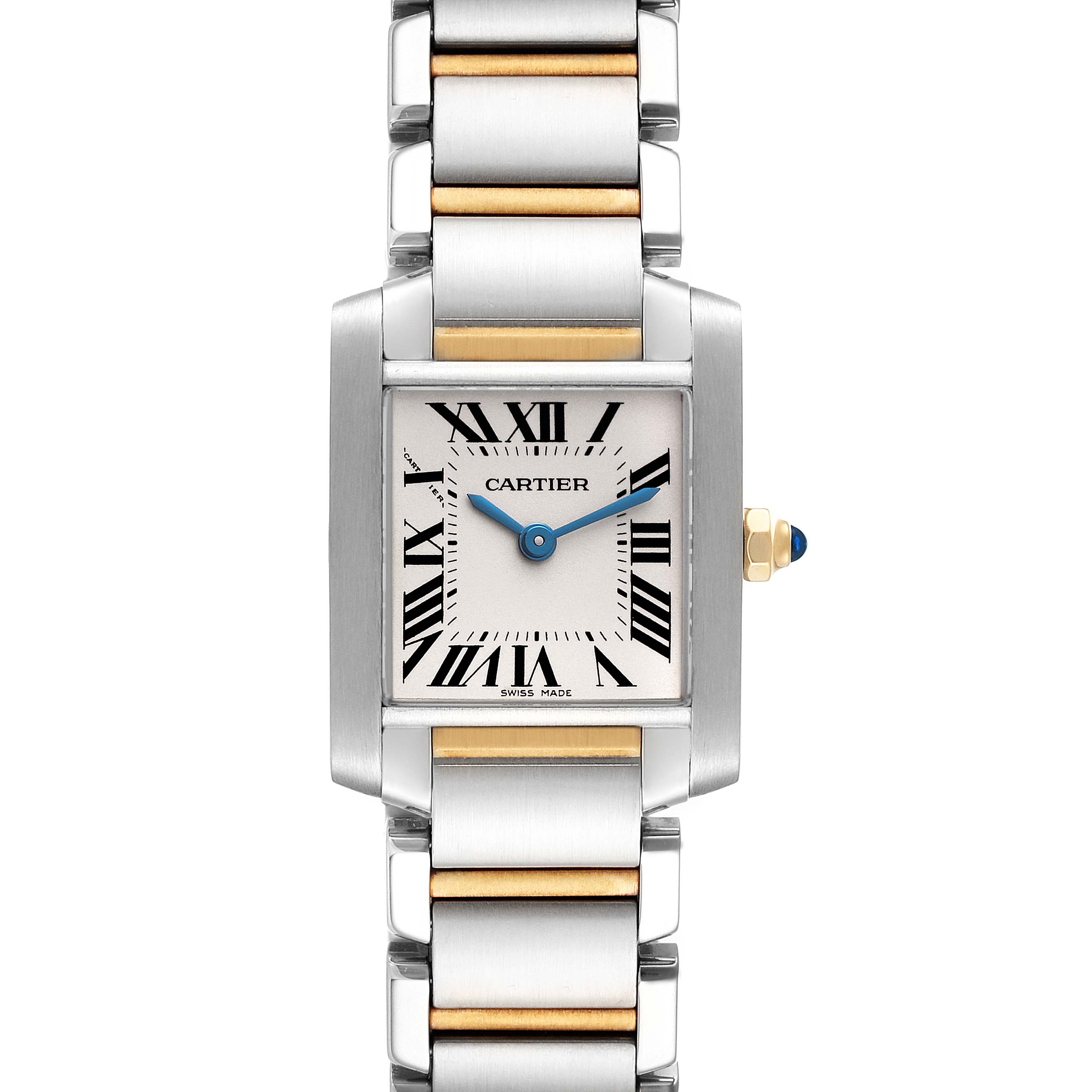 This image shows a front view of the Cartier Tank Francaise W51007Q4 Women's Steel and Gold (two tone) Silver Dial W51007Q4 Women's Steel and Gold (two tone) Silver Dial watch, highlighting the square dial, Roman numerals, and metal bracelet.