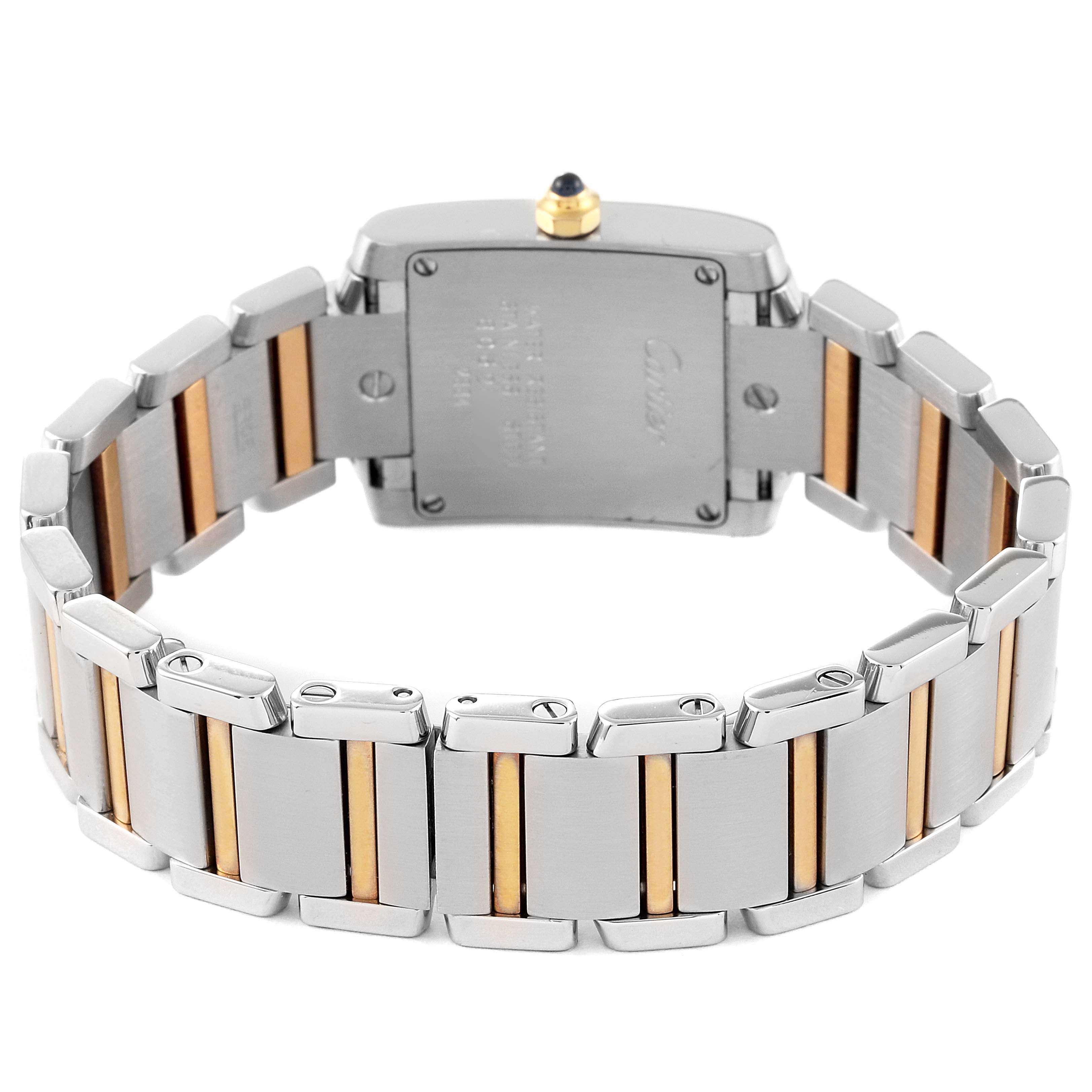 This image shows the back and bracelet of a Cartier Tank Française watch, highlighting the two-tone metal links.