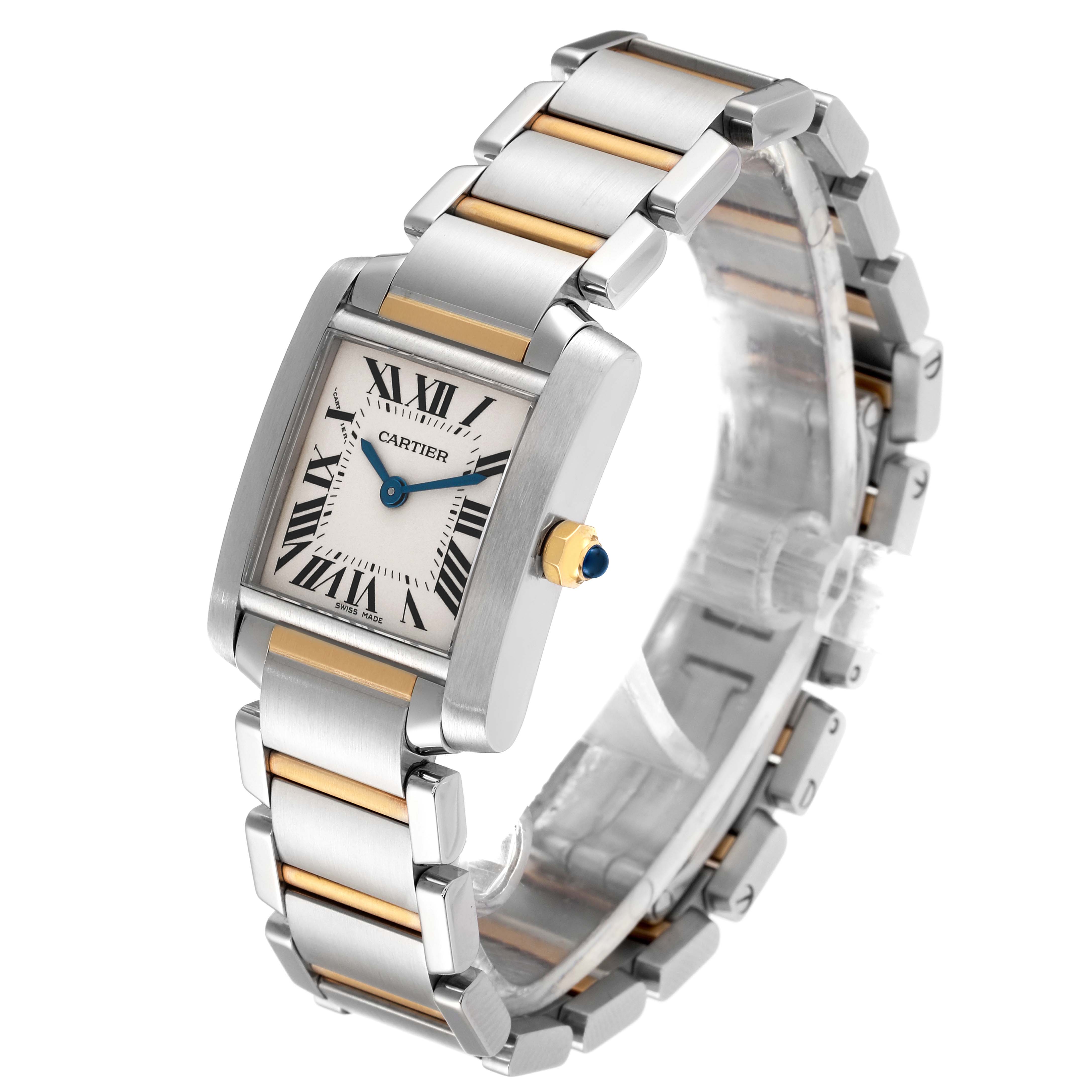 This image shows a Cartier Tank Française watch at an oblique angle displaying the dial, bezel, and metal bracelet.