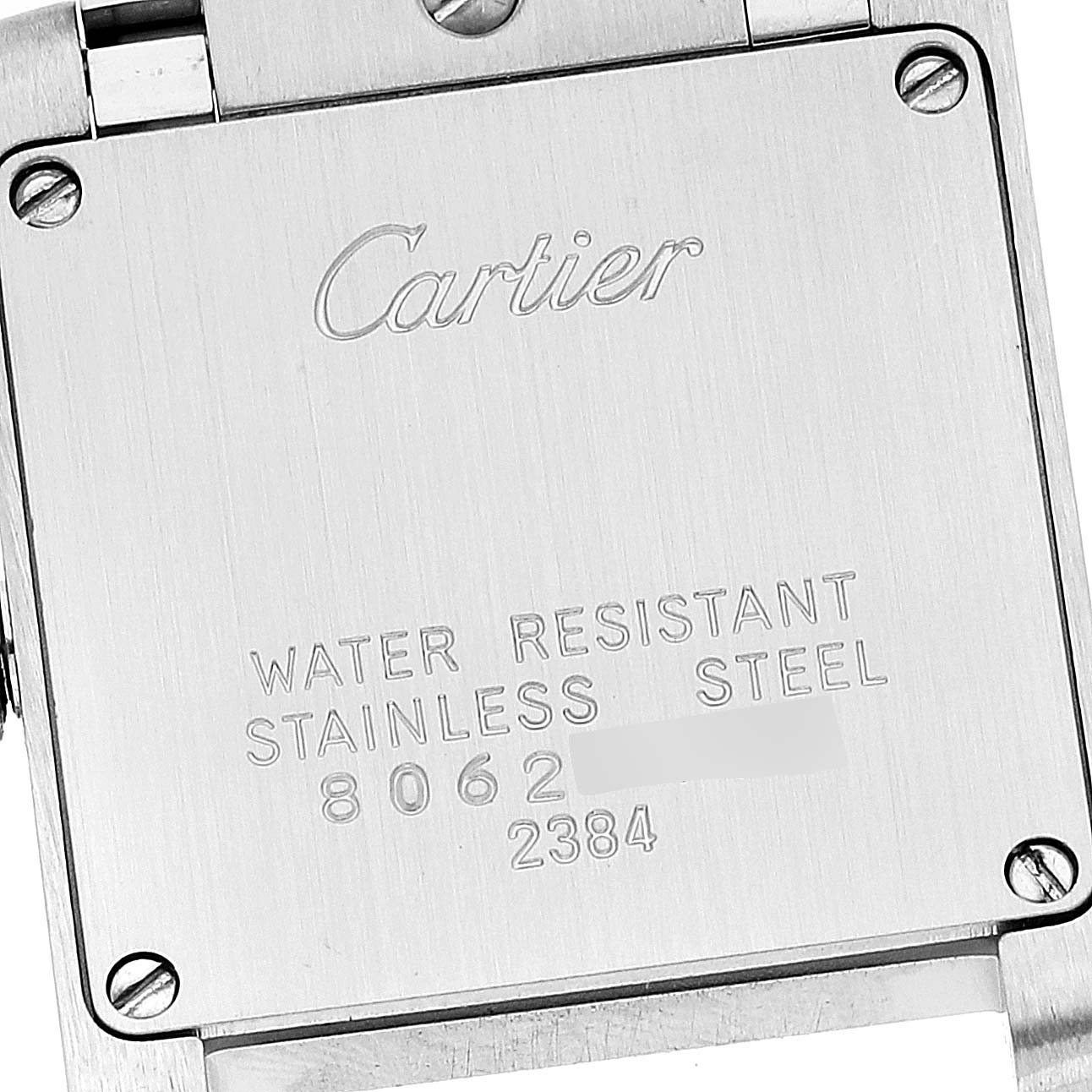 The image shows the back case of a Cartier Tank Francaise W51007Q4 Women's Steel and Gold (two tone) Silver Dial W51007Q4 Women's Steel and Gold (two tone) Silver Dial watch, highlighting its water resistance and stainless steel material.