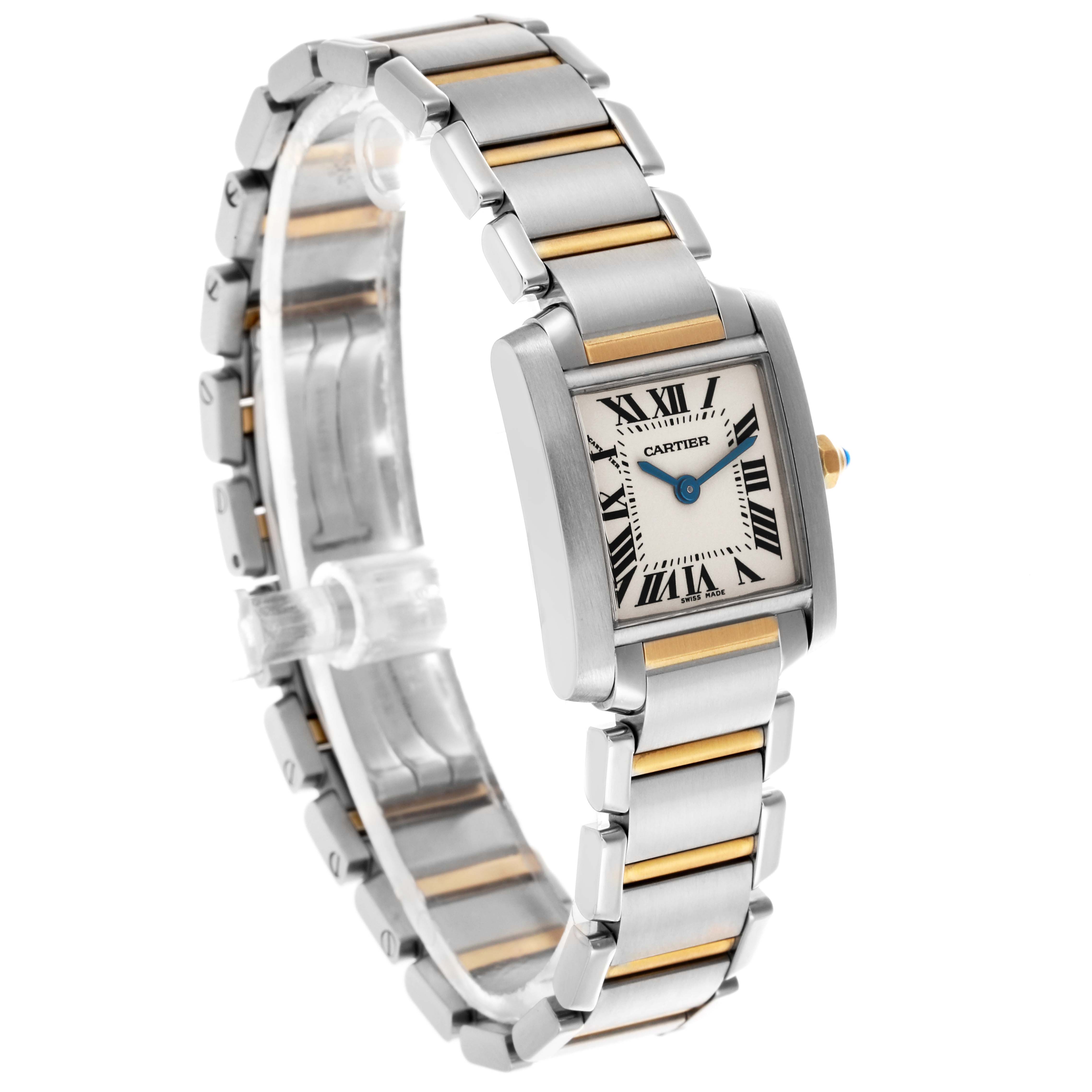 The Cartier Tank Française watch is shown at an angle highlighting its face, bracelet, and two-tone metal links.