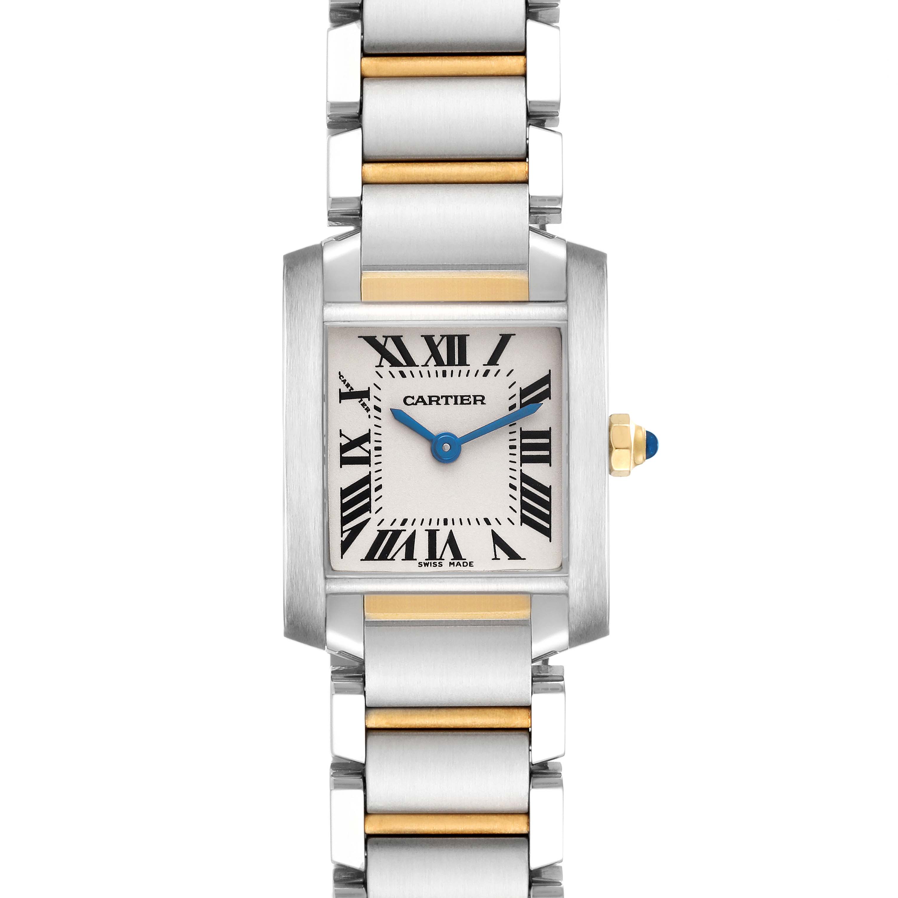 The Cartier Tank Francaise W51007Q4 Women's Steel and Gold (two tone) Silver Dial W51007Q4 Women's Steel and Gold (two tone) Silver Dial watch is shown from a front angle, highlighting its silver and gold bracelet, rectangular case, and dial.