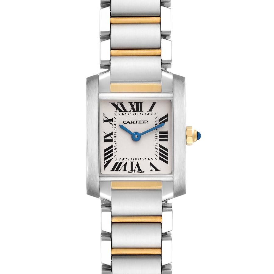 The Cartier Tank Francaise watch is shown from a front angle, highlighting its silver and gold bracelet, rectangular case, and dial.