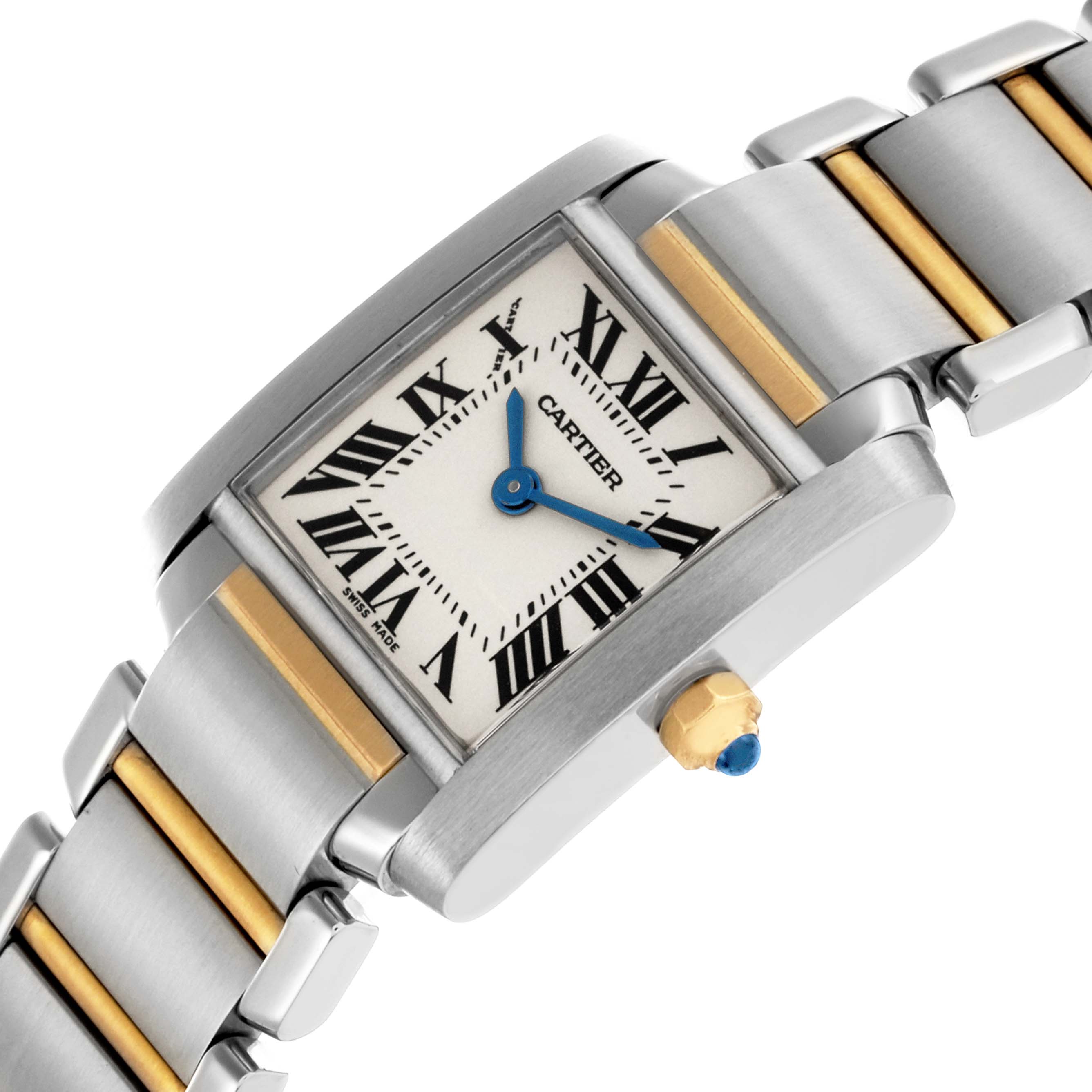 The Cartier Tank Francaise W51007Q4 Women's Steel and Gold (two tone) Silver Dial W51007Q4 Women's Steel and Gold (two tone) Silver Dial watch is shown at an angle, highlighting its rectangular face, Roman numerals, and two-tone bracelet.