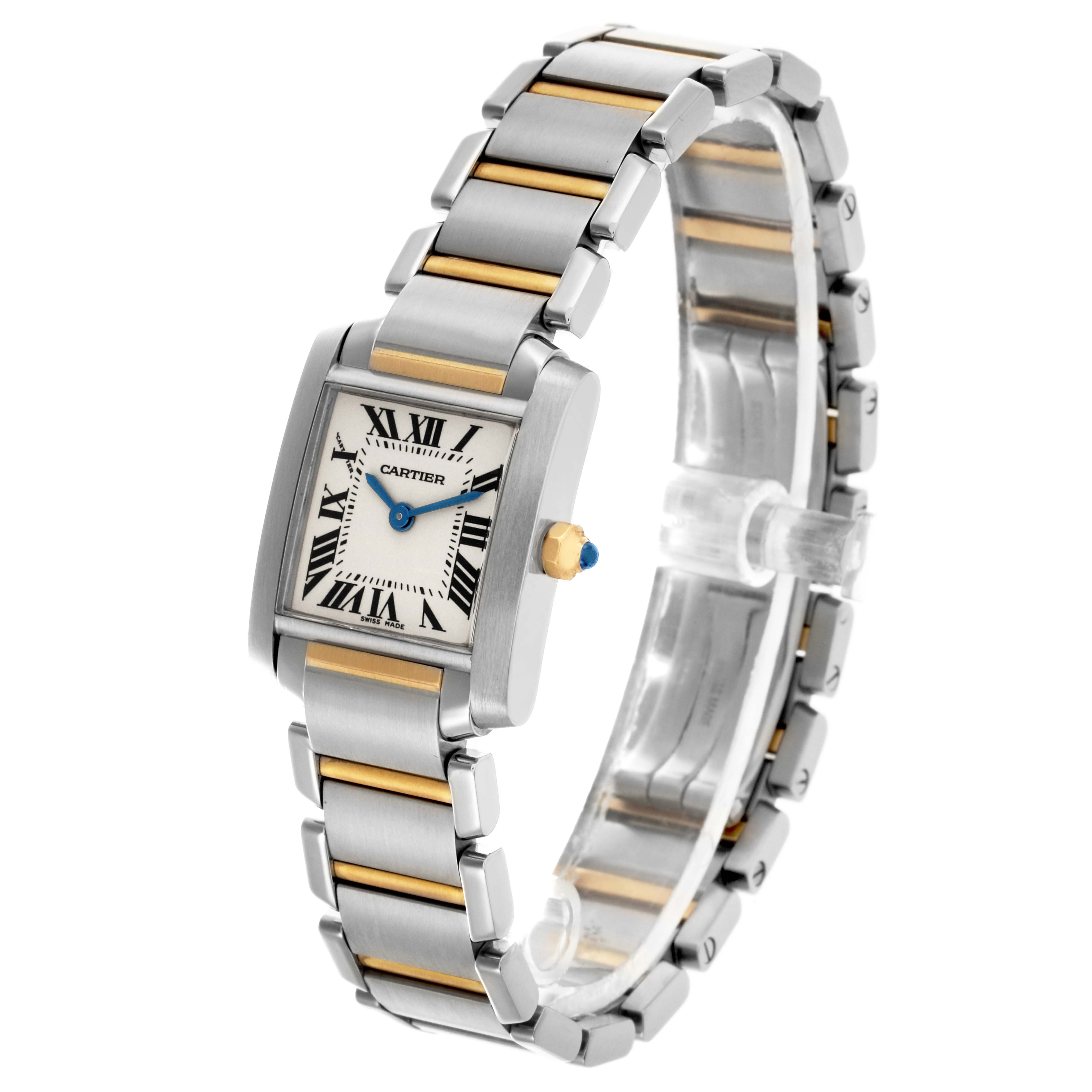 The Cartier Tank Francaise W51007Q4 Women's Steel and Gold (two tone) Silver Dial W51007Q4 Women's Steel and Gold (two tone) Silver Dial watch is shown at a three-quarter angle, highlighting the face, crown, and two-tone bracelet.