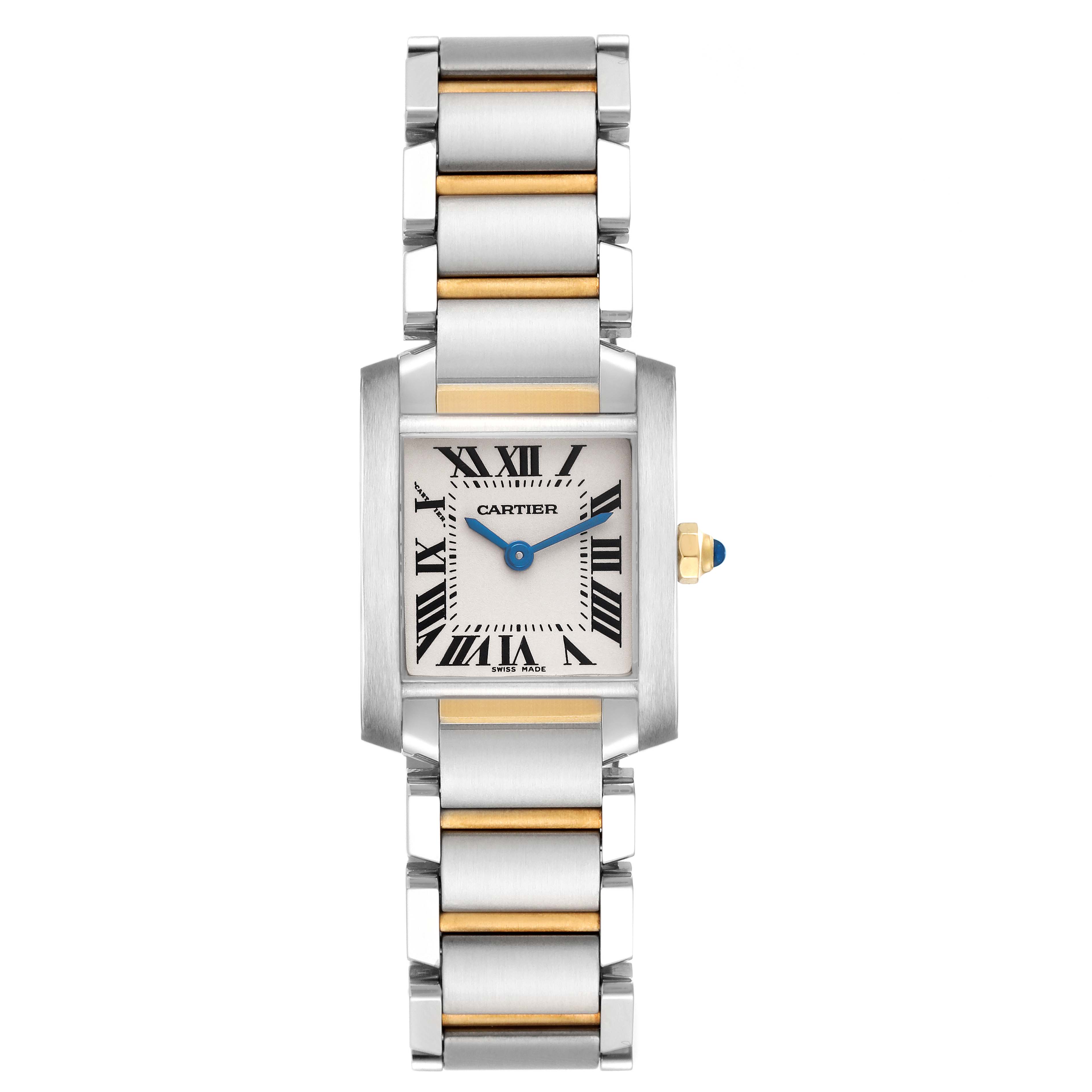 The Cartier Tank Francaise W51007Q4 Women's Steel and Gold (two tone) Silver Dial W51007Q4 Women's Steel and Gold (two tone) Silver Dial watch is shown from the front, highlighting its rectangular face and two-tone bracelet.