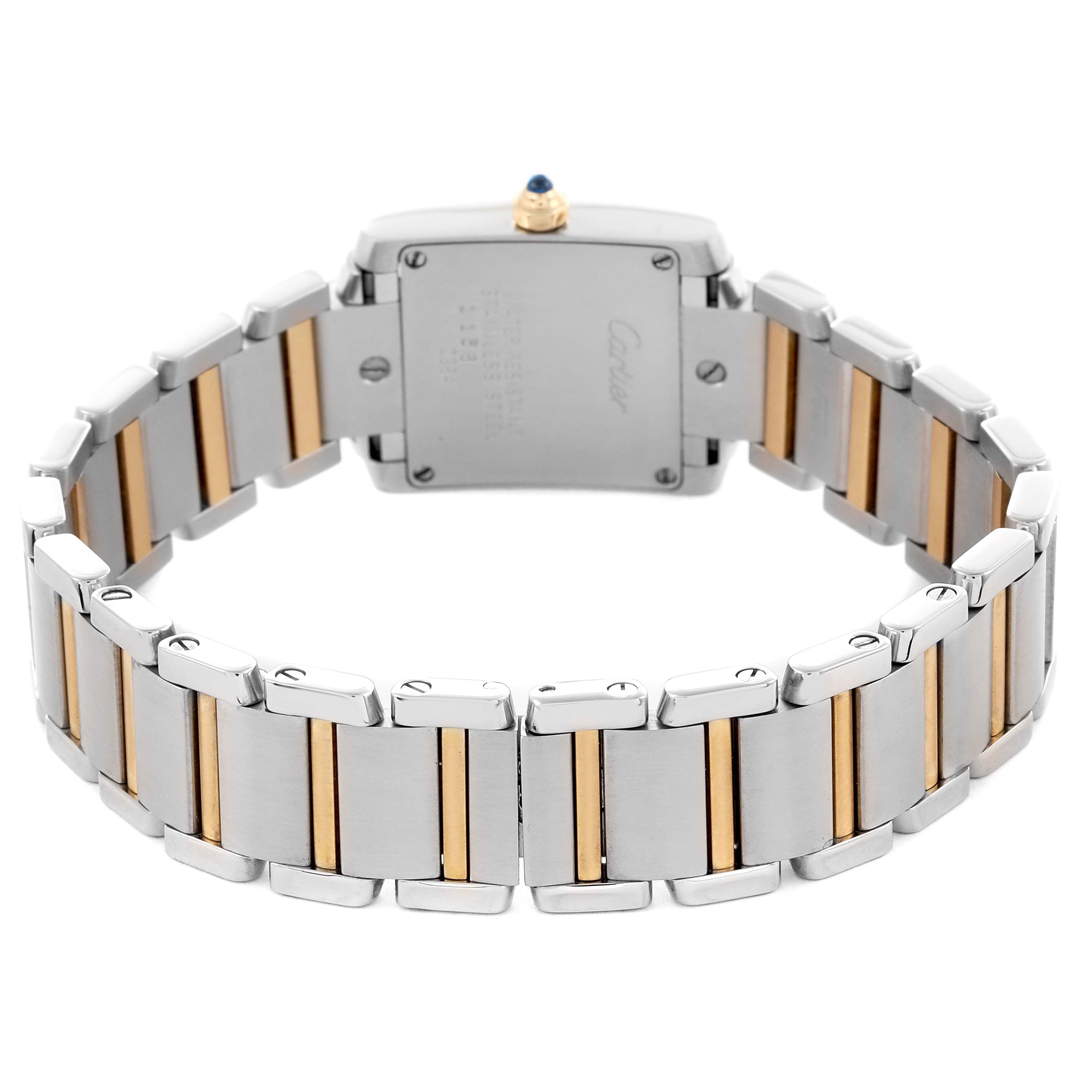 The Cartier Tank Francaise W51007Q4 Women's Steel and Gold (two tone) Silver Dial W51007Q4 Women's Steel and Gold (two tone) Silver Dial watch is shown from the back, highlighting the metal bracelet and the case back.
