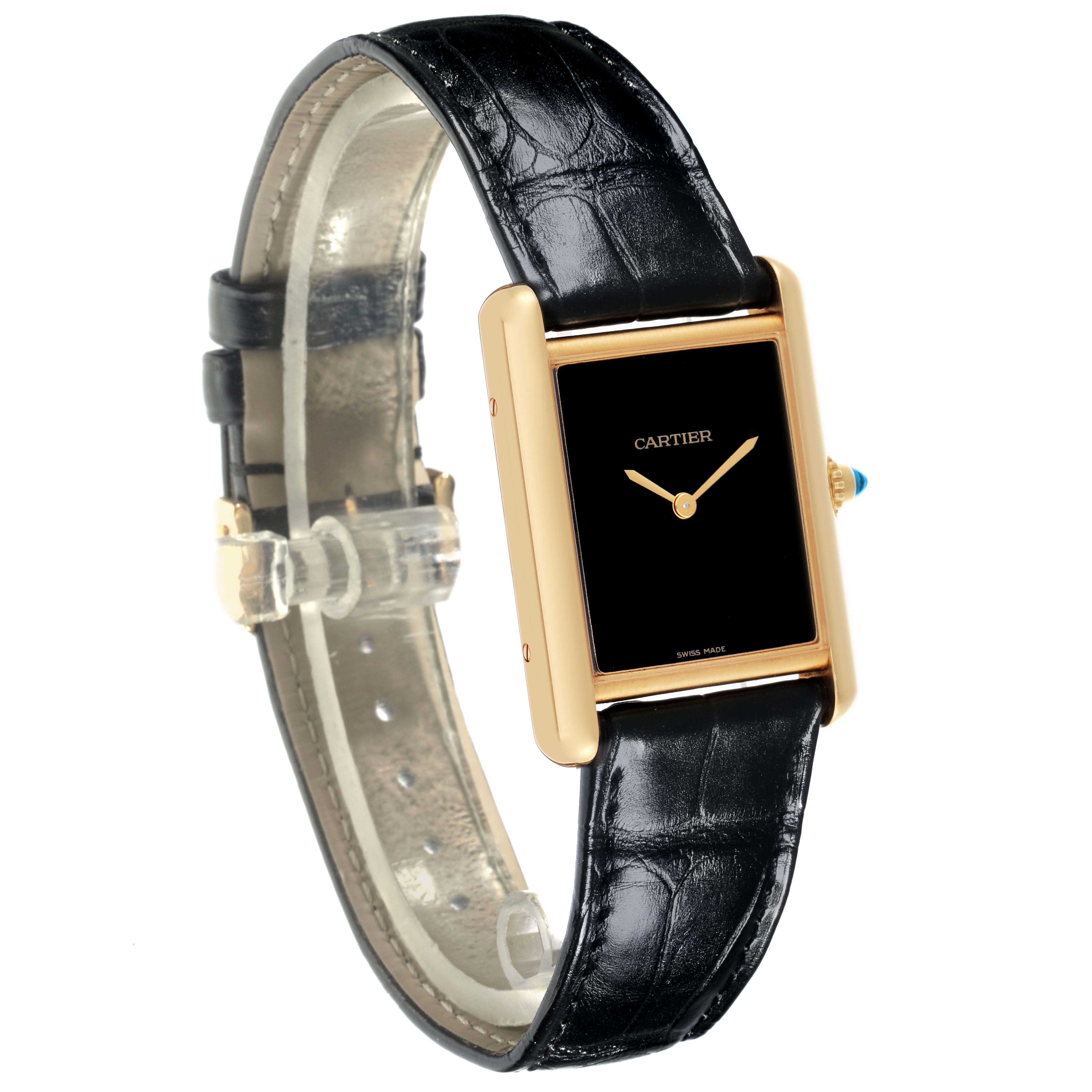 The Cartier Tank Louis WGTA0091 Men's Yellow Gold Black Dial WGTA0091 Men's Yellow Gold Black Dial watch is shown at an angled view, highlighting its rectangular gold case, black dial, and black leather strap.