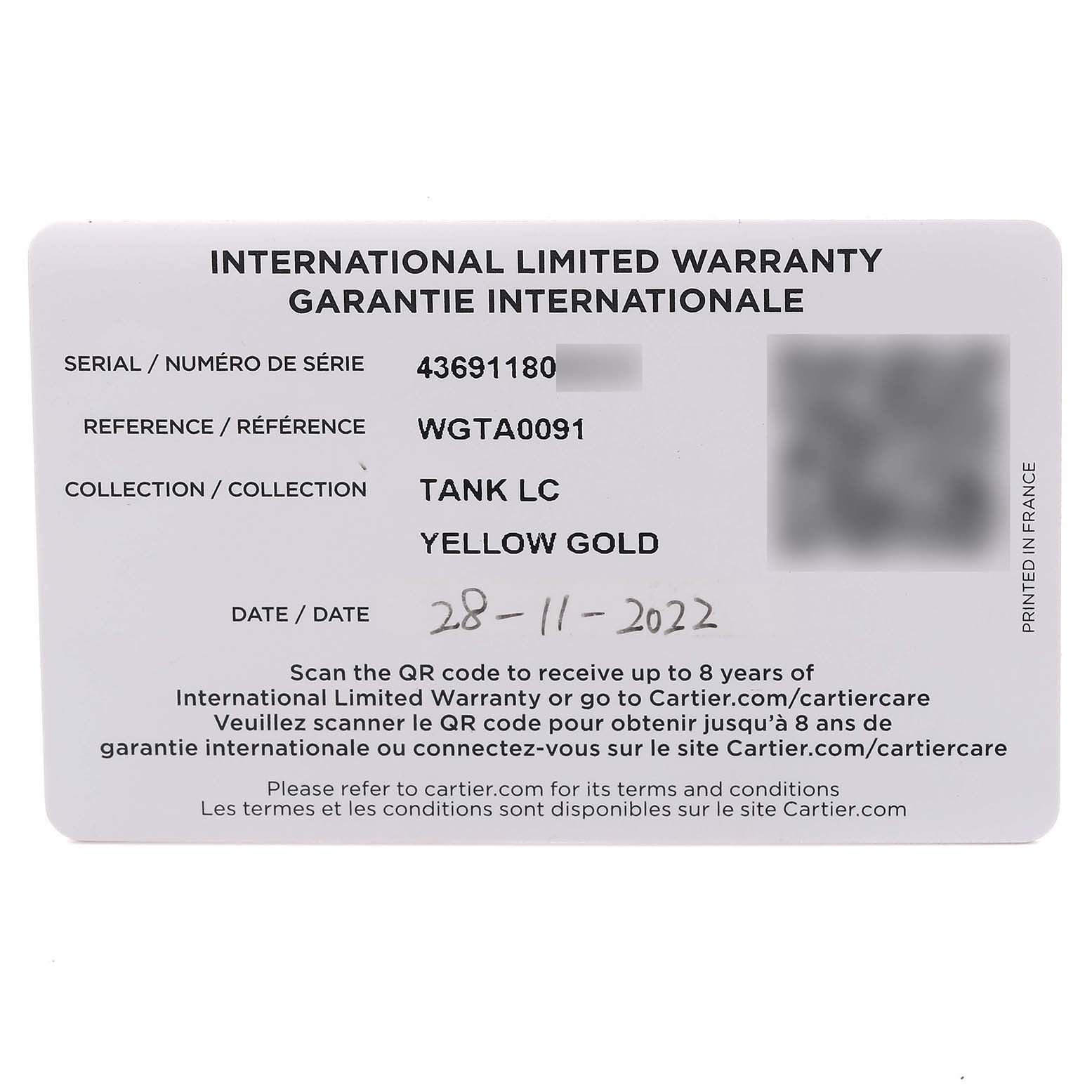 This image shows the international limited warranty card for the Cartier Tank Louis WGTA0091 Men's Yellow Gold Black Dial WGTA0091 Men's Yellow Gold Black Dial model watch.