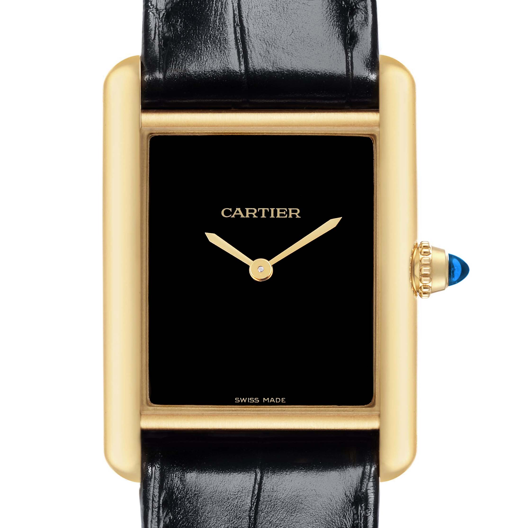 The Cartier Tank Louis WGTA0091 Men's Yellow Gold Black Dial WGTA0091 Men's Yellow Gold Black Dial watch is shown from a front angle, displaying its black dial, gold case, crown with blue cabochon, and black strap.