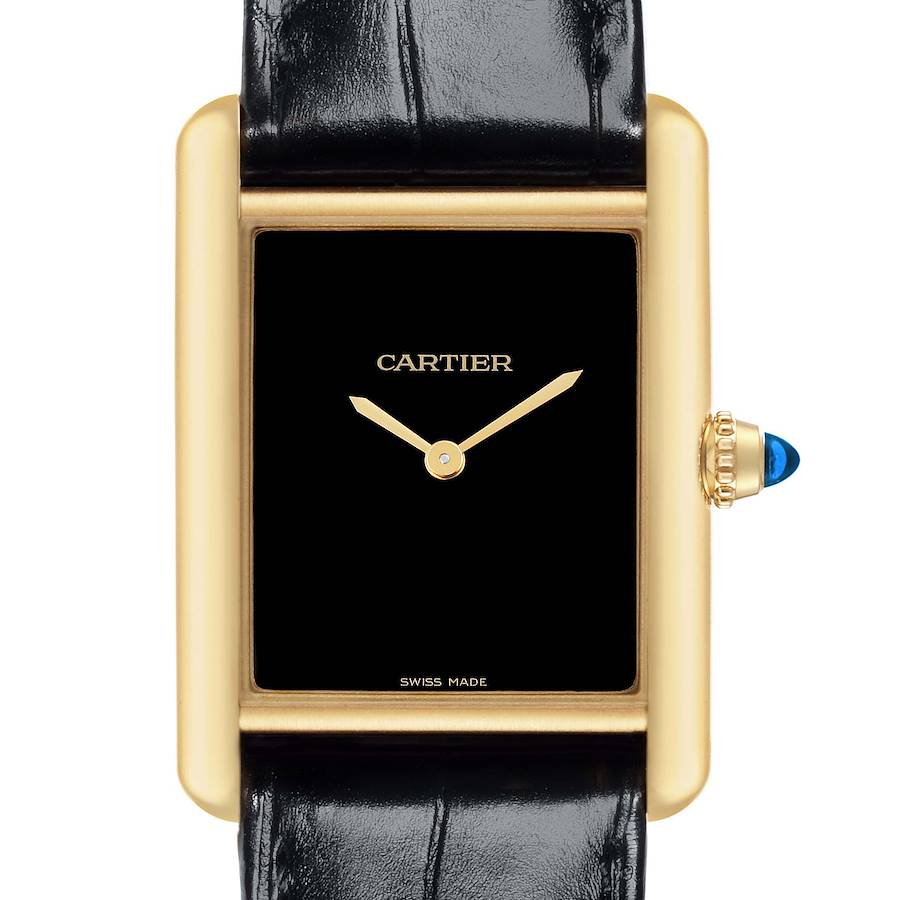 The Cartier Tank Louis watch is shown from a front angle, displaying its black dial, gold case, crown with blue cabochon, and black strap.