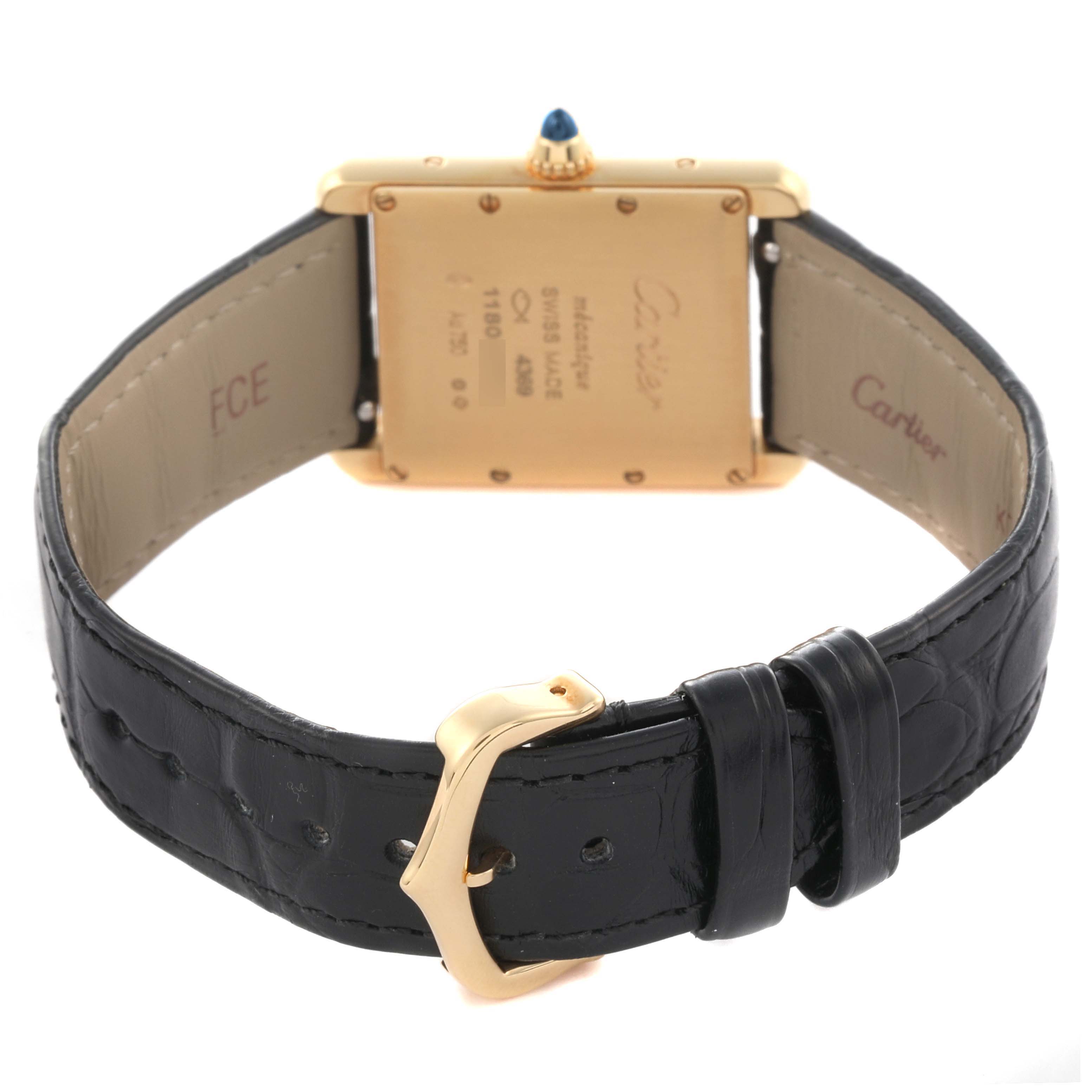 The image shows the back of the Cartier Tank Louis WGTA0091 Men's Yellow Gold Black Dial WGTA0091 Men's Yellow Gold Black Dial watch, highlighting the case back, strap, and buckle.