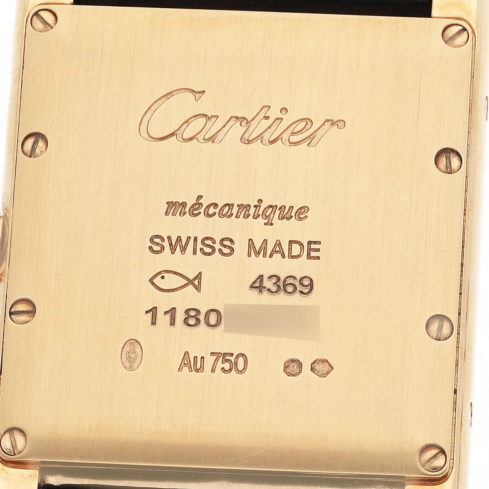 The image shows the back case of a Cartier Tank Louis WGTA0091 Men's Yellow Gold Black Dial WGTA0091 Men's Yellow Gold Black Dial watch with engravings and hallmarks.