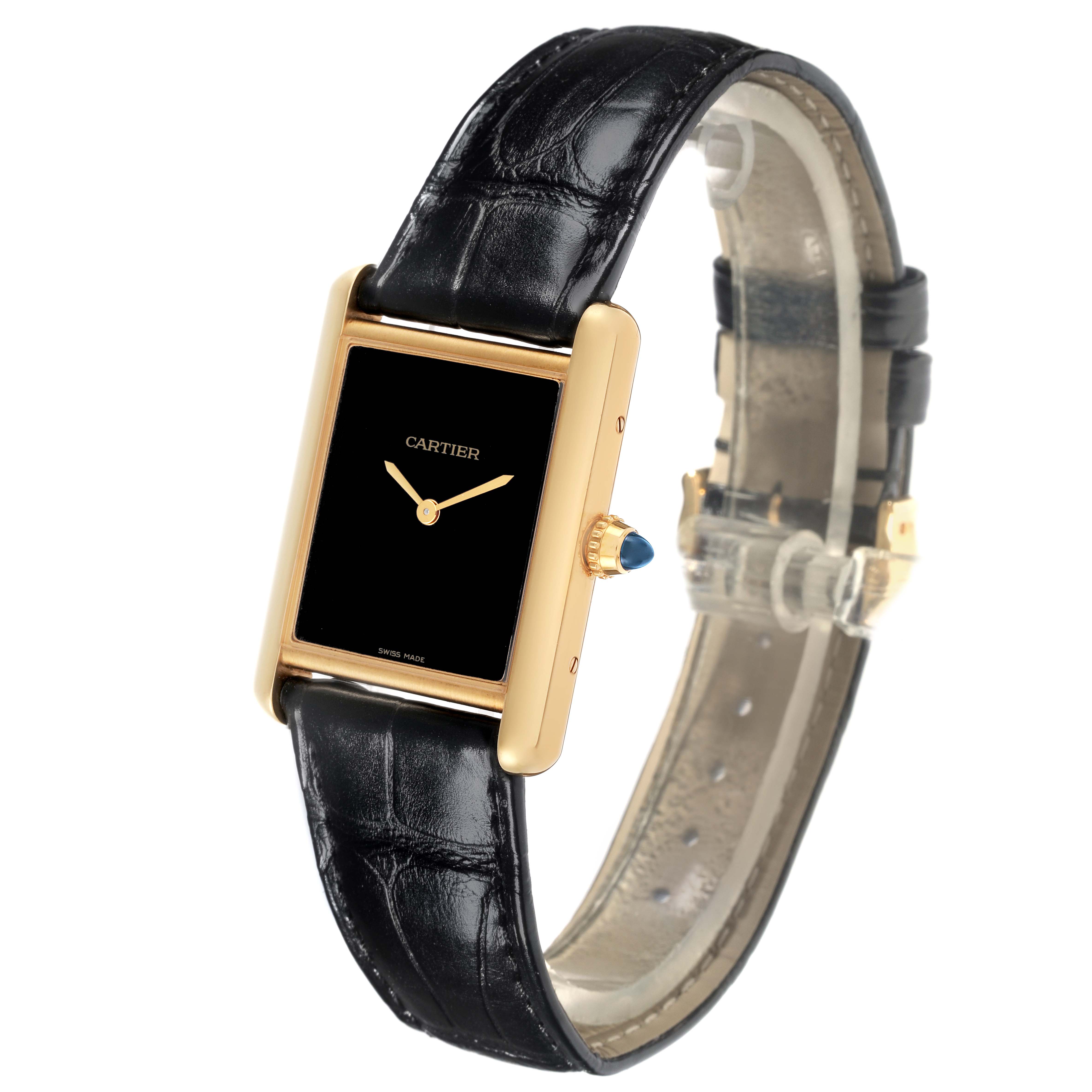 The Cartier Tank Louis WGTA0091 Men's Yellow Gold Black Dial WGTA0091 Men's Yellow Gold Black Dial watch is shown at an angle highlighting its face, gold case, black strap, and a distinct blue cabochon crown.